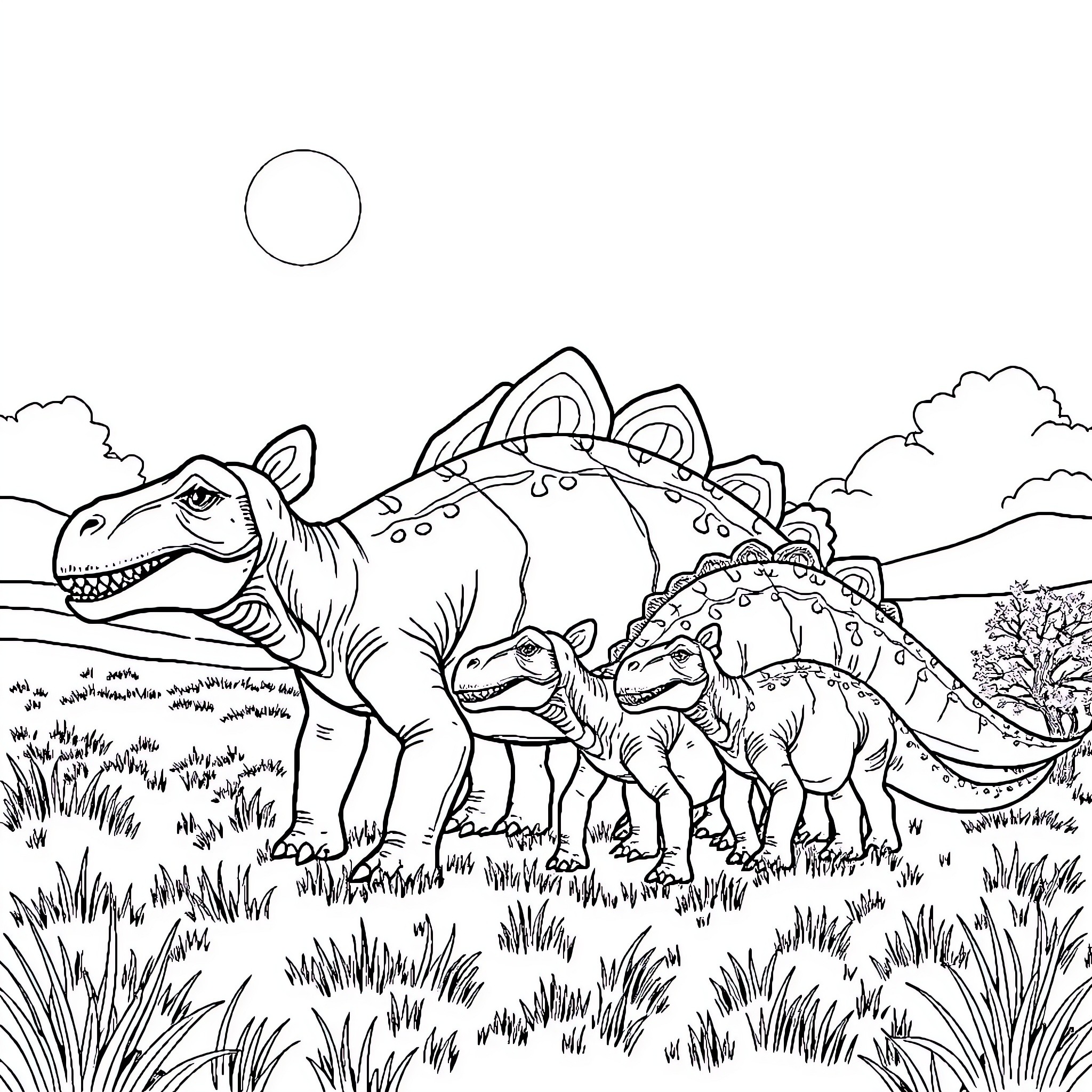 Ankylosaurus and its Dinosaur Companions in the Prehistoric Landscape Coloring Page (free black-and-white line drawing printable PDF for all, from beginners to advanced learners, including children, teens, adults, and seniors)
