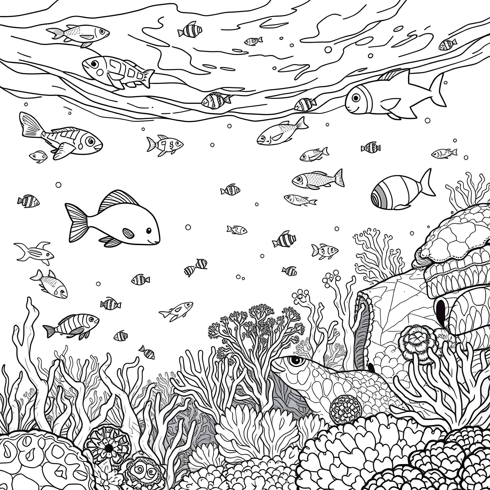 Book of Underwater Ocean Life and Coral Reef Coloring Page (free black-and-white line drawing printable PDF for all, from beginners to advanced learners, including children, teens, adults, and seniors)