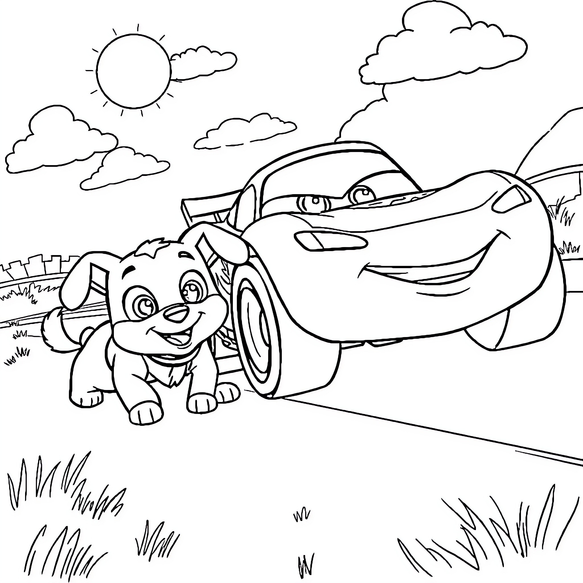 Bluey's Playful Encounter with a Friendly Car Coloring Page (free black-and-white line drawing printable PDF for all, from beginners to advanced learners, including children, teens, adults, and seniors)