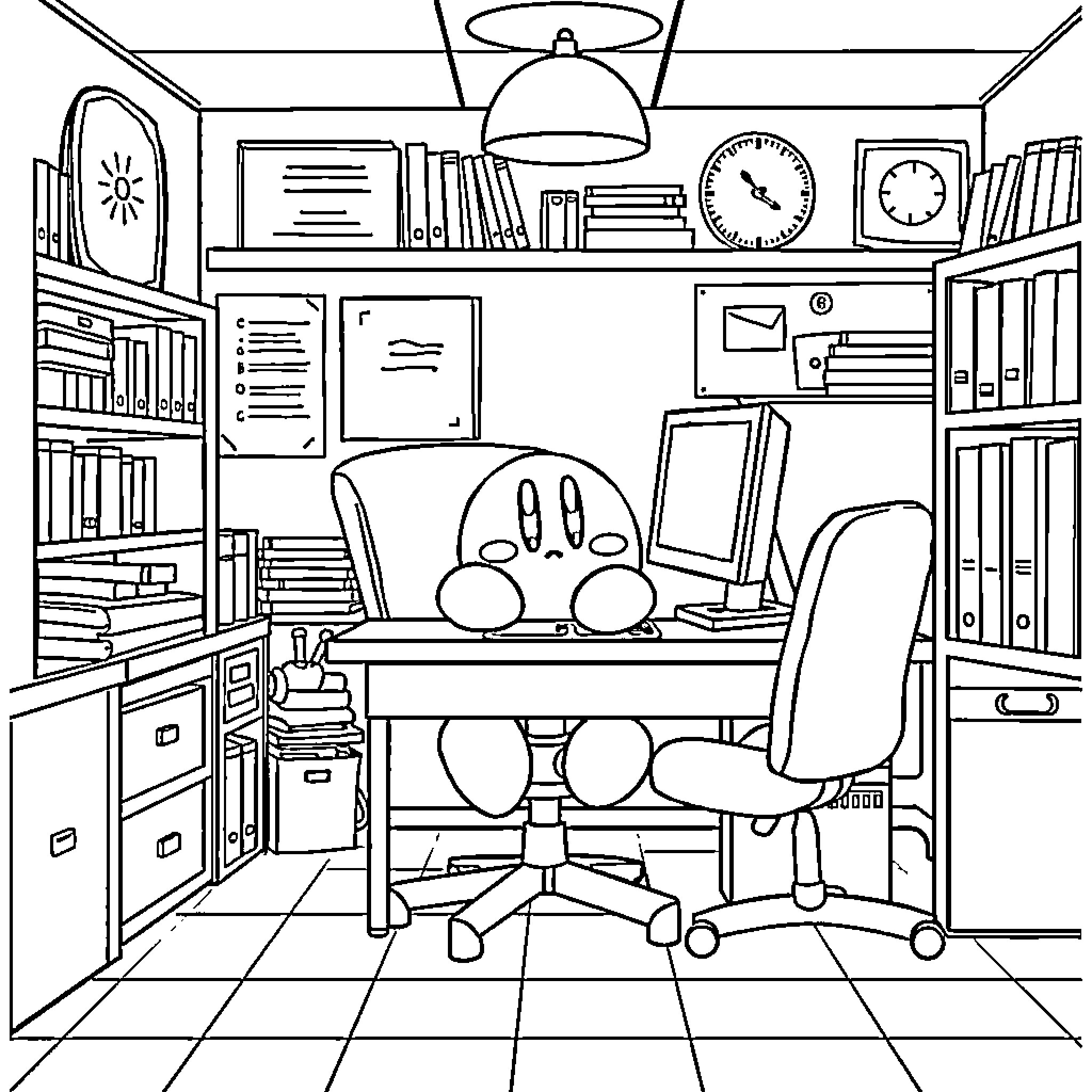 Kirby Enjoying a Cozy Office Space Coloring Page (free black-and-white line drawing printable PDF for all, from beginners to advanced learners, including children, teens, adults, and seniors)