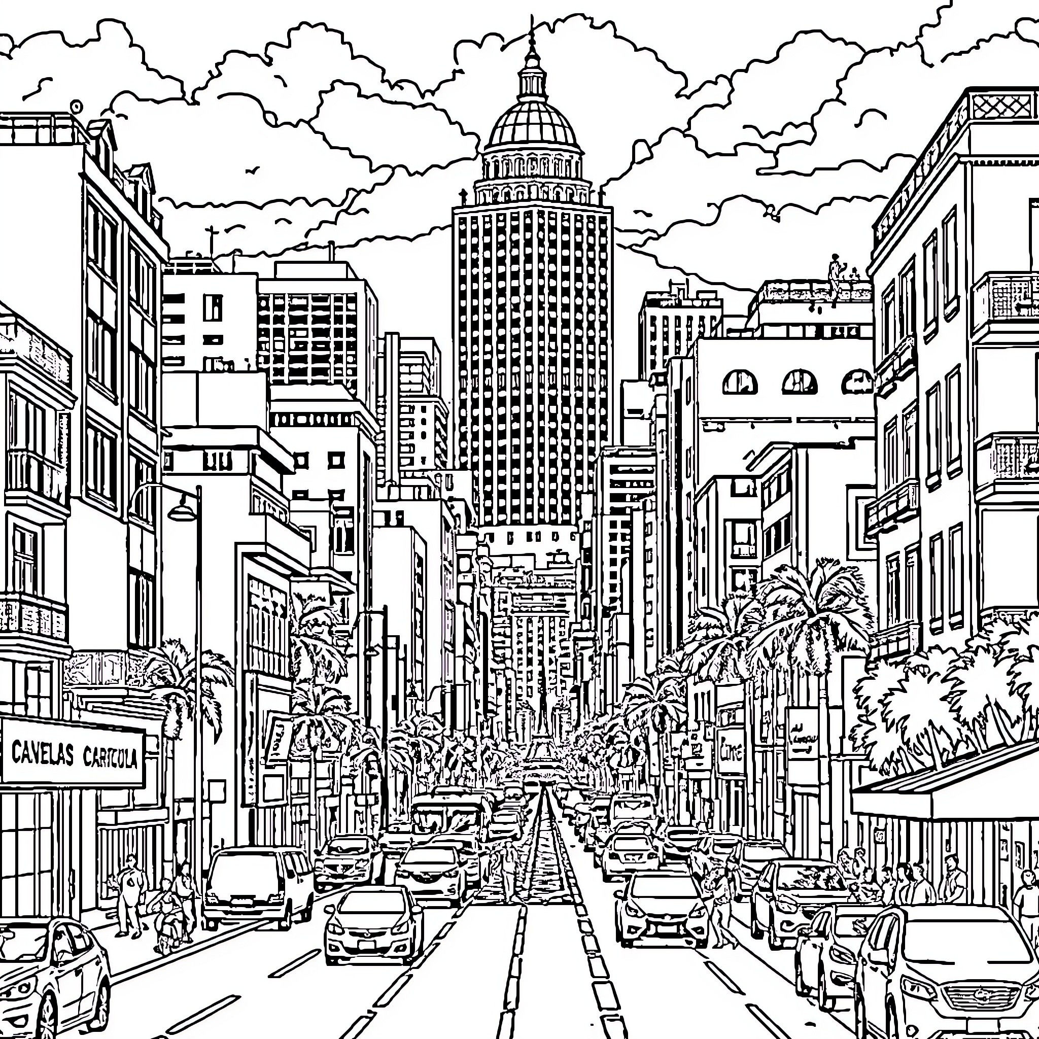 Caracas cityscape with bustling urban activity Coloring Page (free black-and-white line drawing printable PDF for all, from beginners to advanced learners, including children, teens, adults, and seniors)