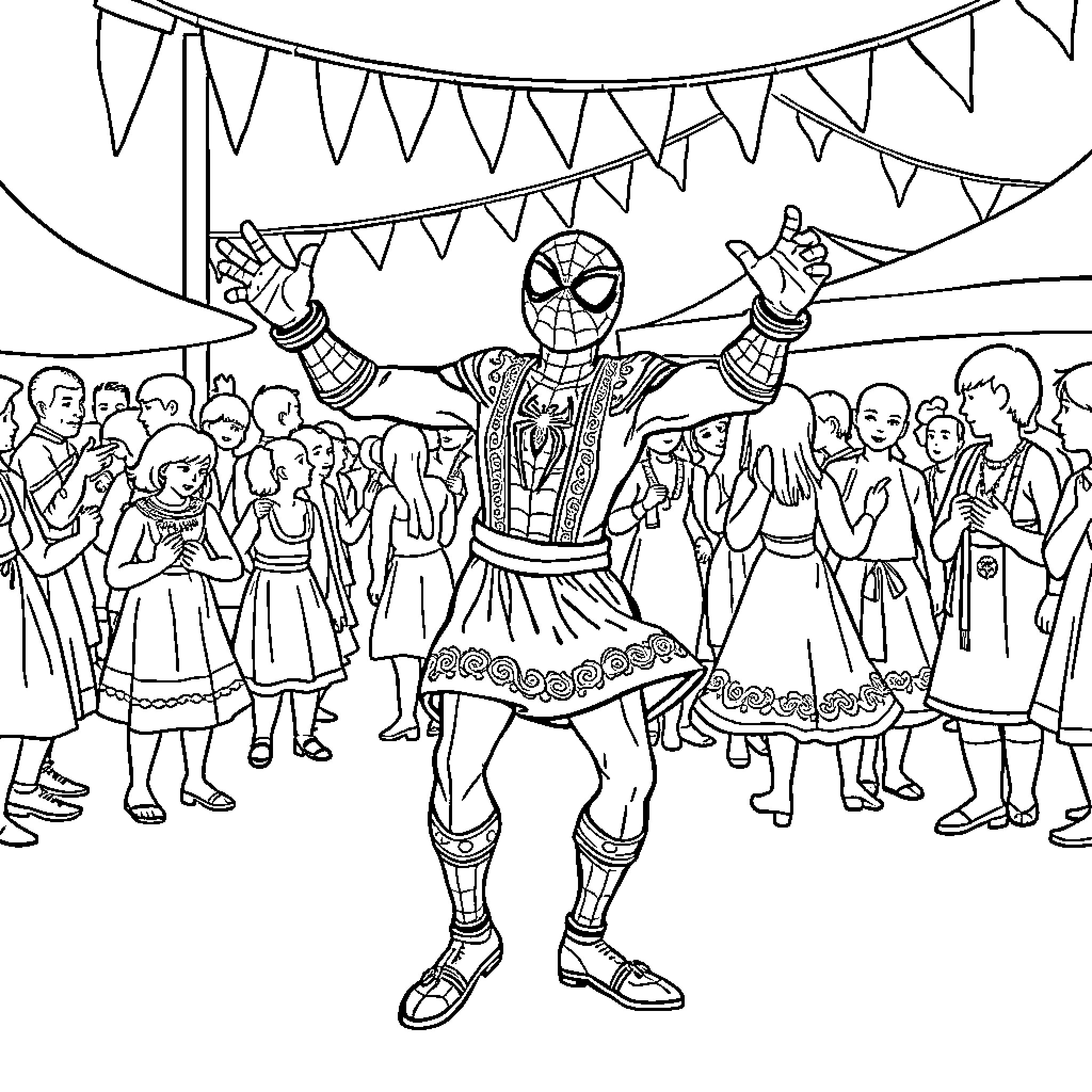 Spiderman celebrates with a festive crowd Coloring Page (free black-and-white line drawing printable PDF for all, from beginners to advanced learners, including children, teens, adults, and seniors)