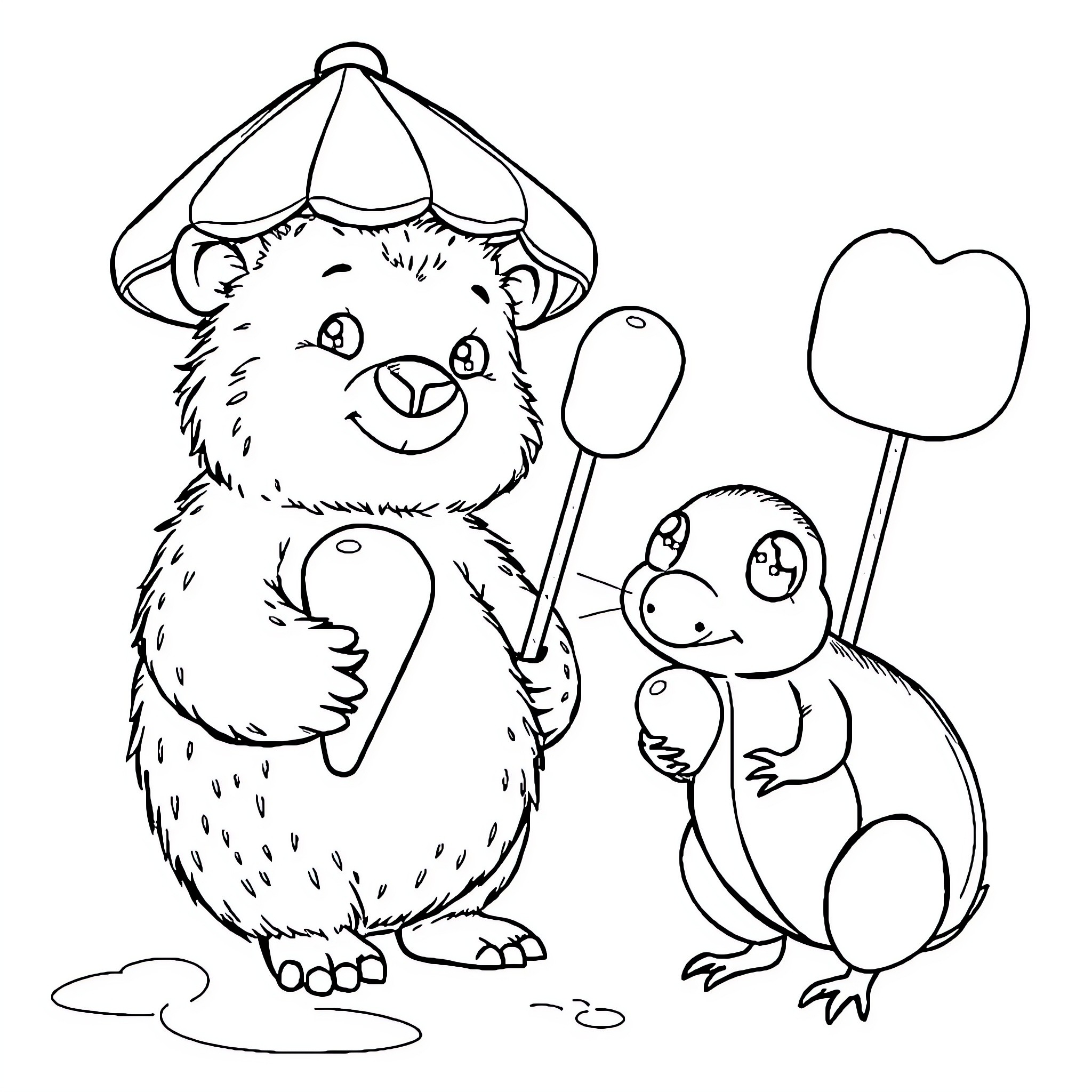 Bear friends enjoying a sunny day together Coloring Page (free black-and-white line drawing printable PDF for all, from beginners to advanced learners, including children, teens, adults, and seniors)