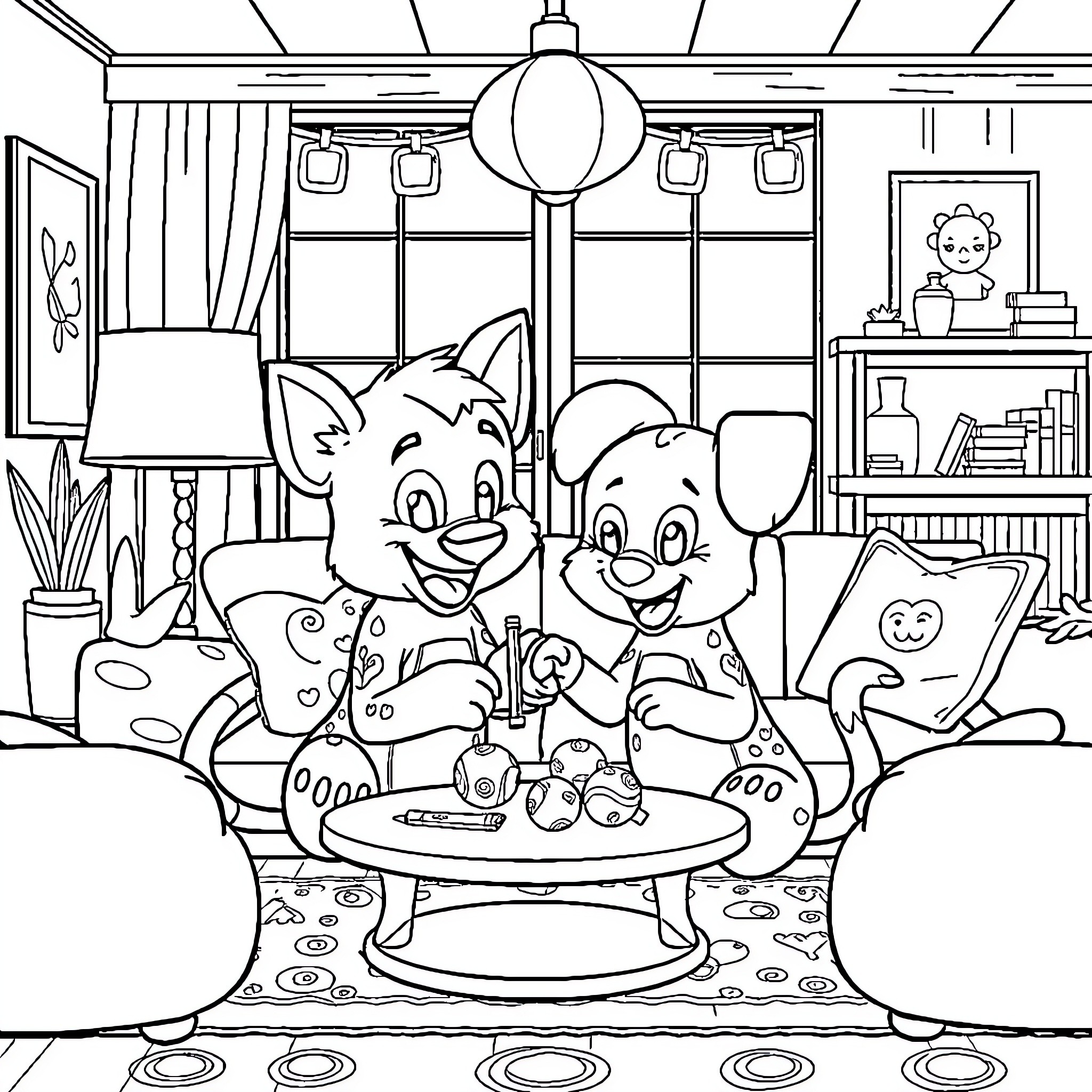 Bluey's Cozy Living Room Adventure Coloring Page (free black-and-white line drawing printable PDF for all, from beginners to advanced learners, including children, teens, adults, and seniors)