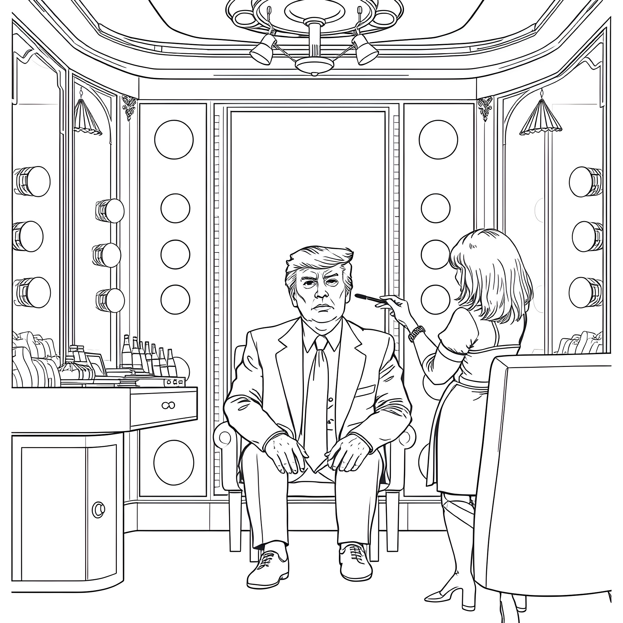 Donald Trump in a Dressing Room with an Assistant Coloring Page (free black-and-white line drawing printable PDF for all, from beginners to advanced learners, including children, teens, adults, and seniors)