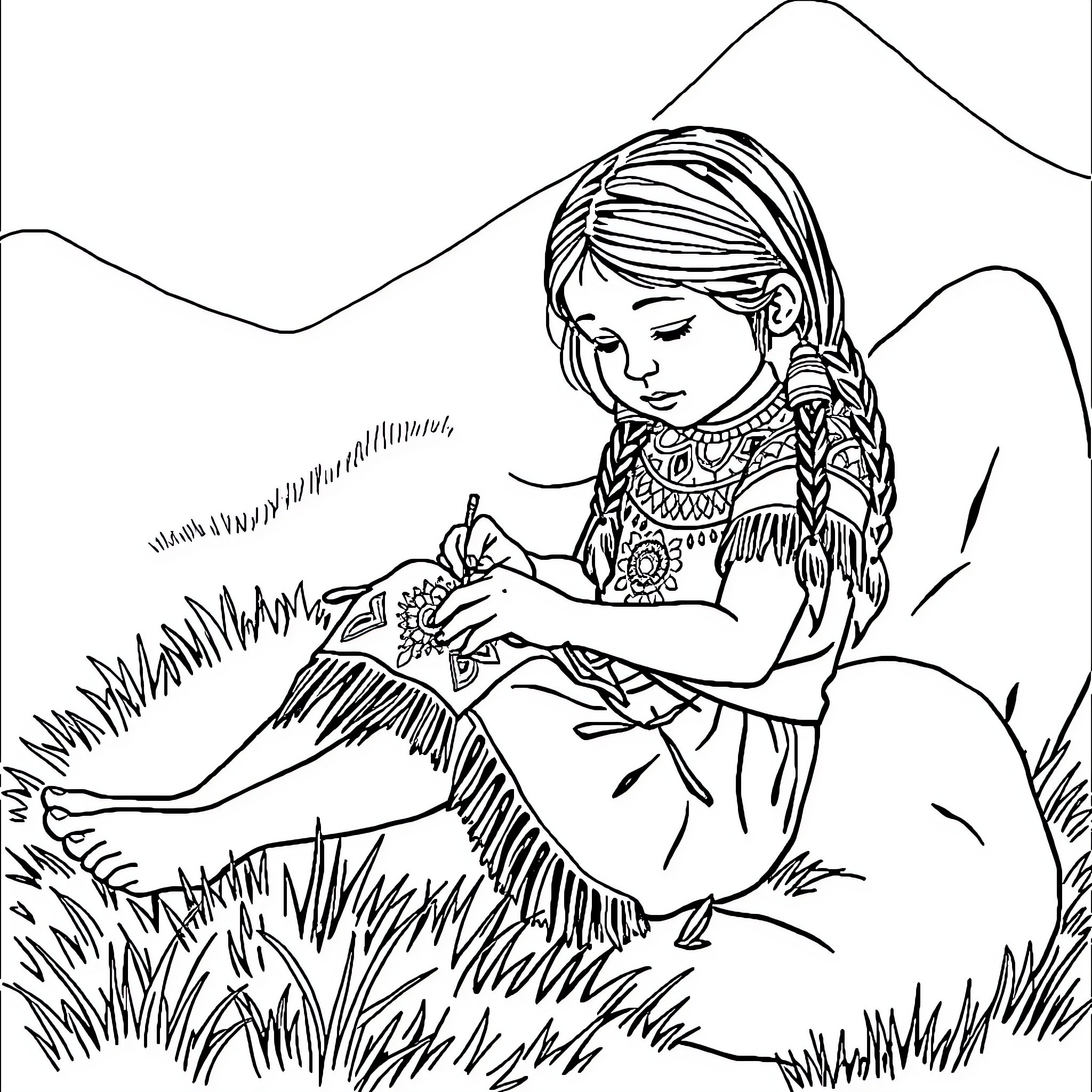 Girl enjoying nature in serene outdoor setting Coloring Page (free black-and-white line drawing printable PDF for all, from beginners to advanced learners, including children, teens, adults, and seniors)