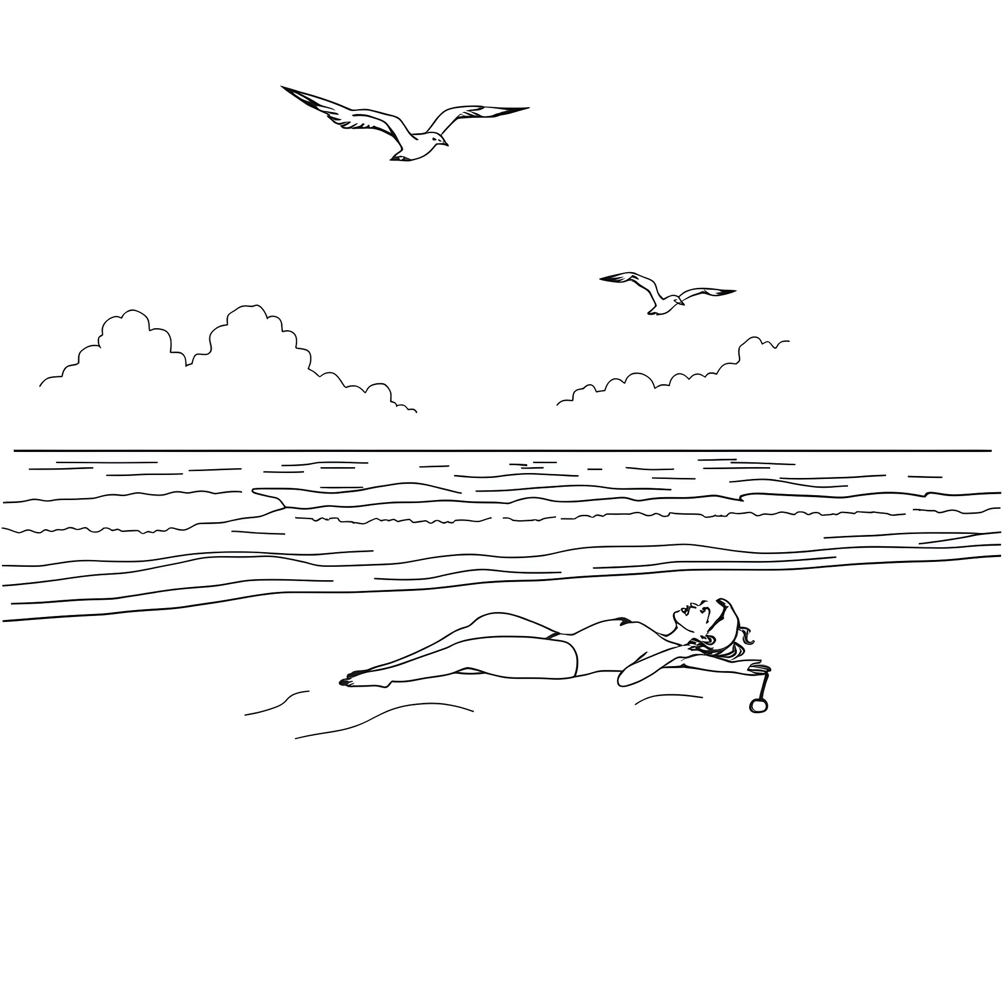 Sunbathing by the peaceful ocean Coloring Page (free black-and-white line drawing printable PDF for all, from beginners to advanced learners, including children, teens, adults, and seniors)