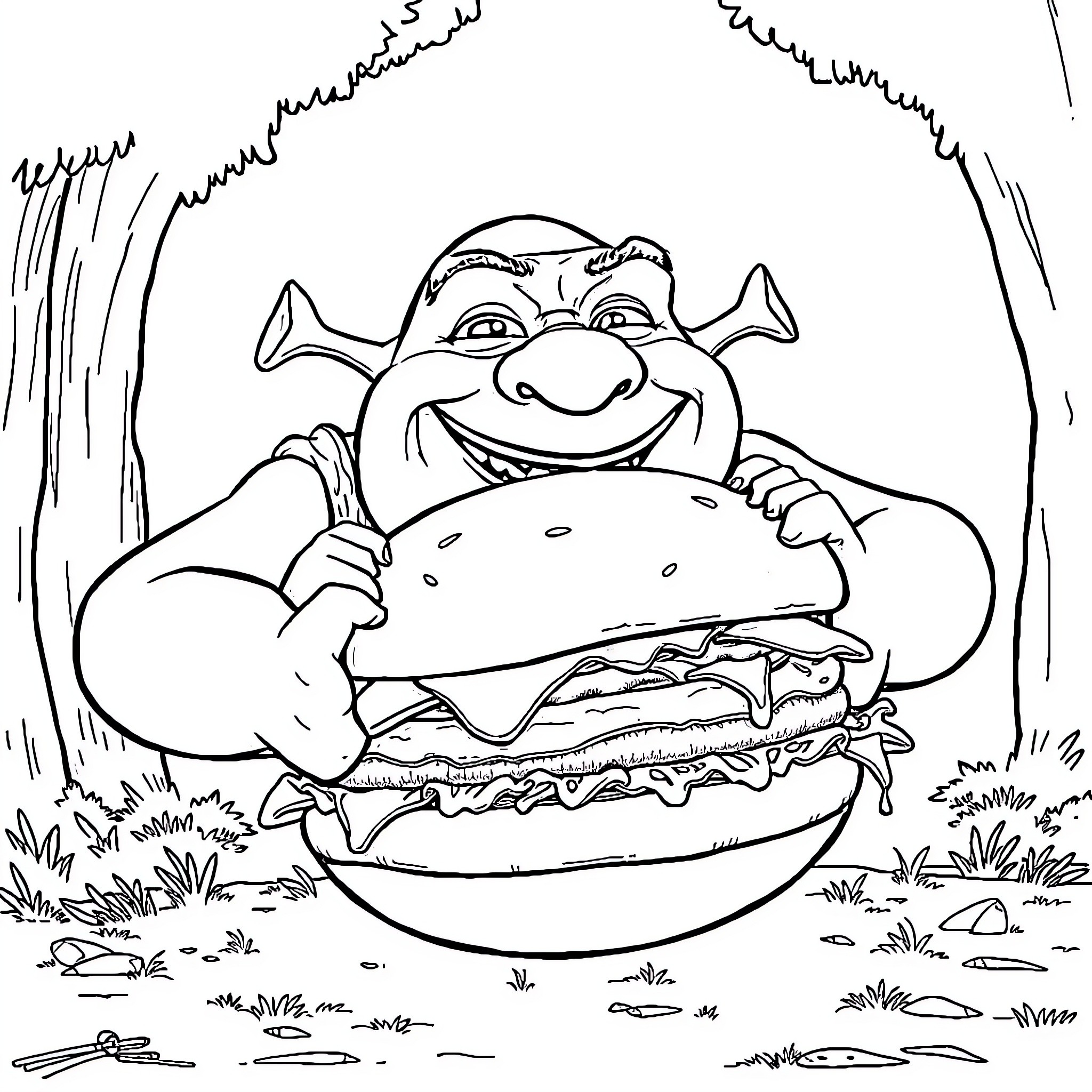 Shrek enjoying a delicious burger in the wilderness Coloring Page (free black-and-white line drawing printable PDF for all, from beginners to advanced learners, including children, teens, adults, and seniors)