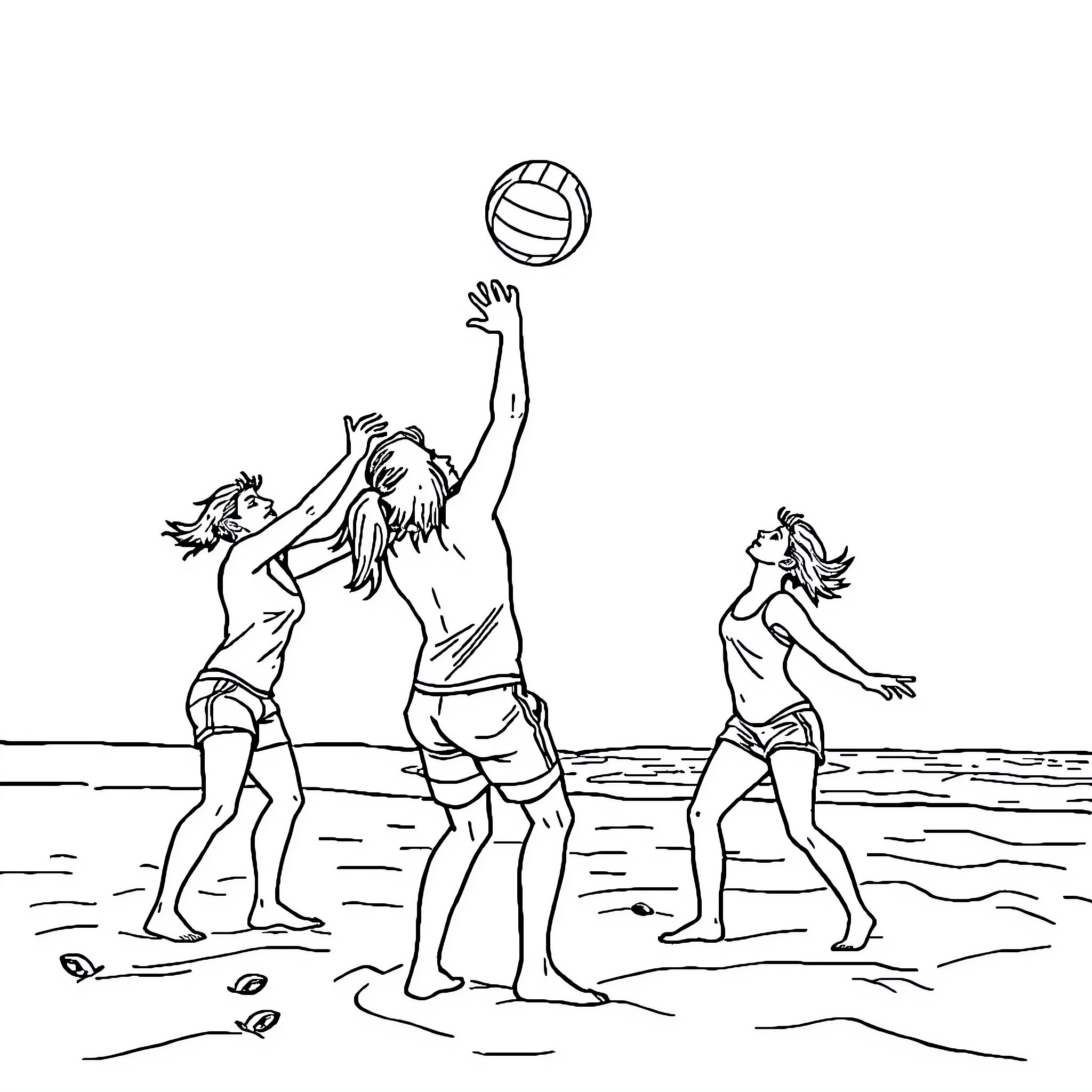 Among Us Playing Volleyball on the Beach Coloring Page (free black-and-white line drawing printable PDF for all, from beginners to advanced learners, including children, teens, adults, and seniors)