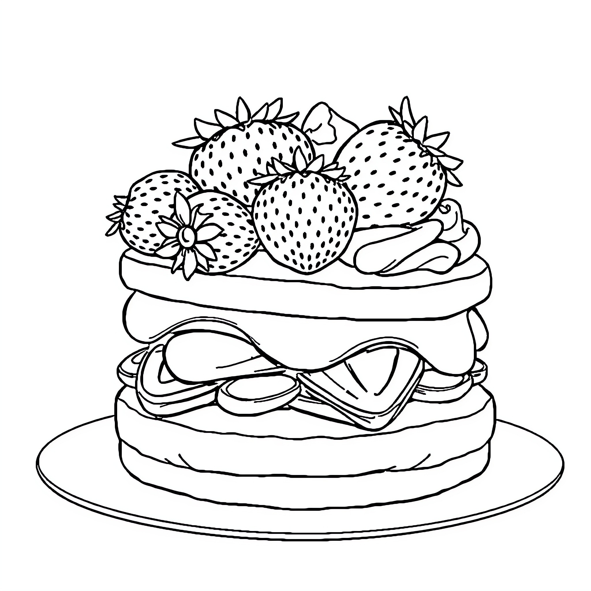 Strawberry Shortcake with Whipped Cream and Fruit Coloring Page (free black-and-white line drawing printable PDF for all, from beginners to advanced learners, including children, teens, adults, and seniors)