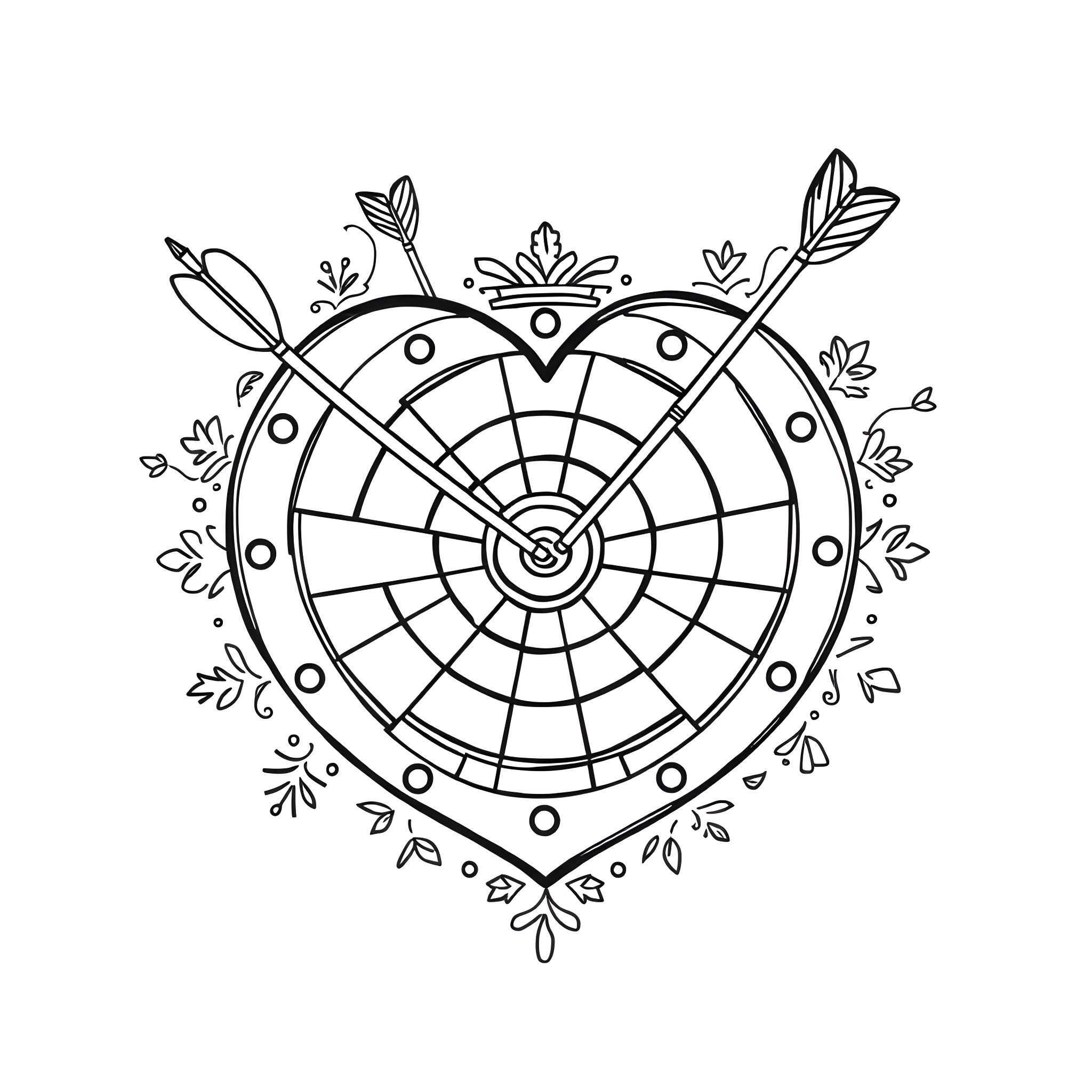 Heart-shaped Archery Target with Floral Accents Coloring Page (free black-and-white line drawing printable PDF for all, from beginners to advanced learners, including children, teens, adults, and seniors)