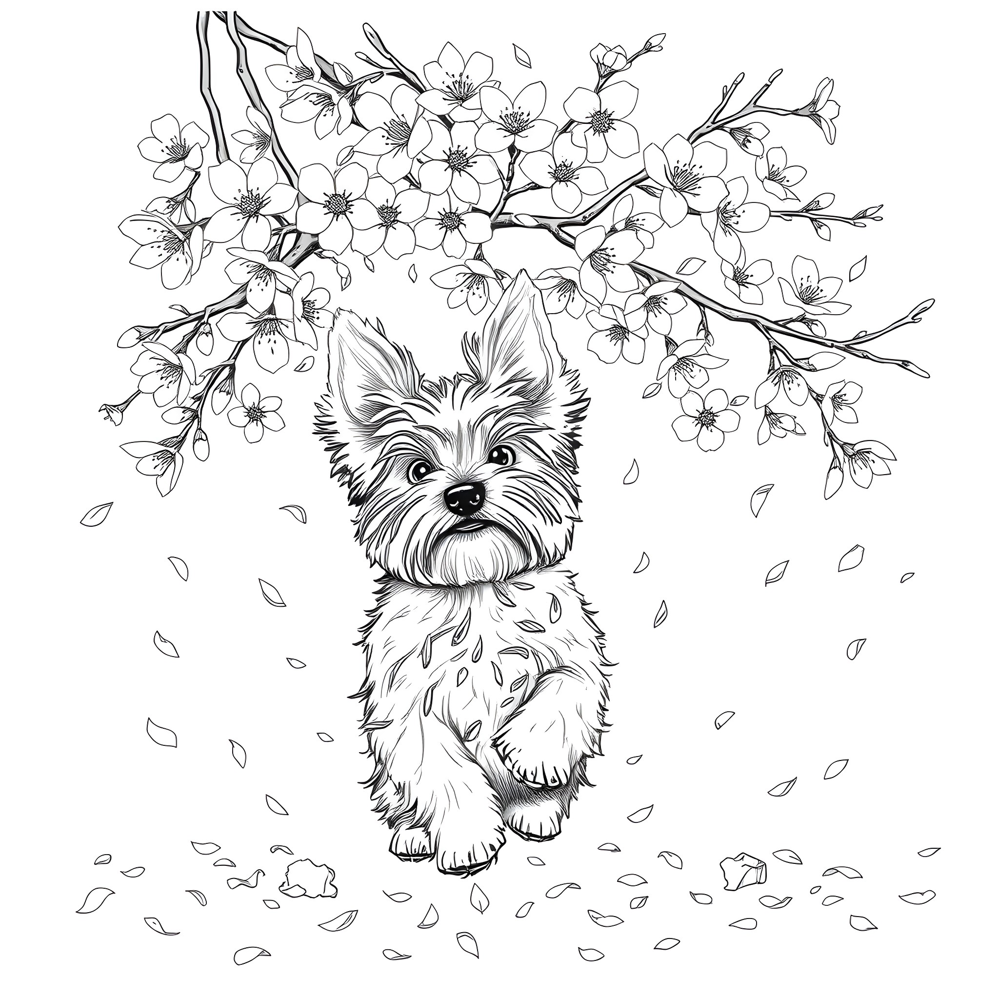 Yorkie playing in the fall leaves under blooming branches Coloring Page (free black-and-white line drawing printable PDF for all, from beginners to advanced learners, including children, teens, adults, and seniors)