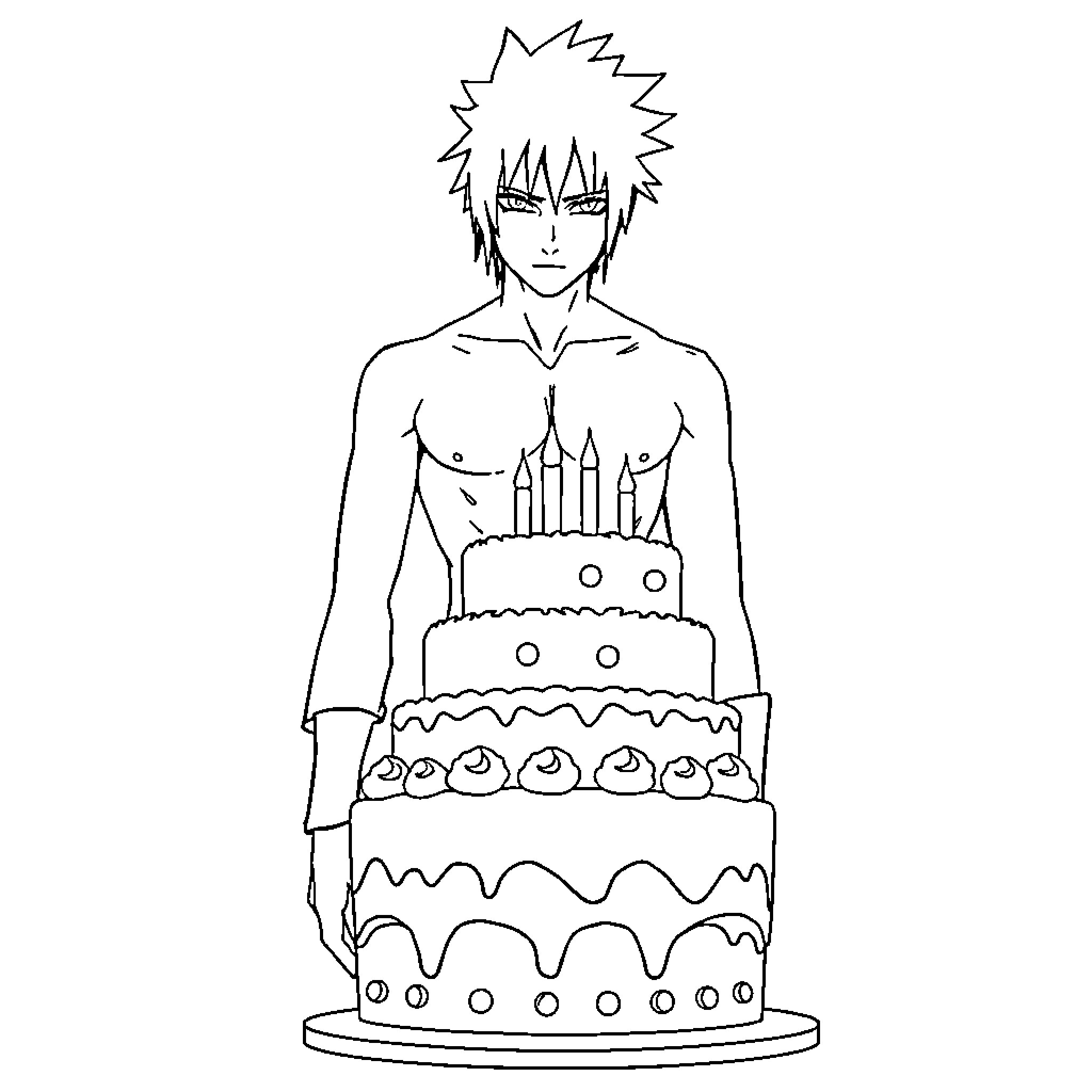 Sasuke holding a decorated birthday cake Coloring Page (free black-and-white line drawing printable PDF for all, from beginners to advanced learners, including children, teens, adults, and seniors)