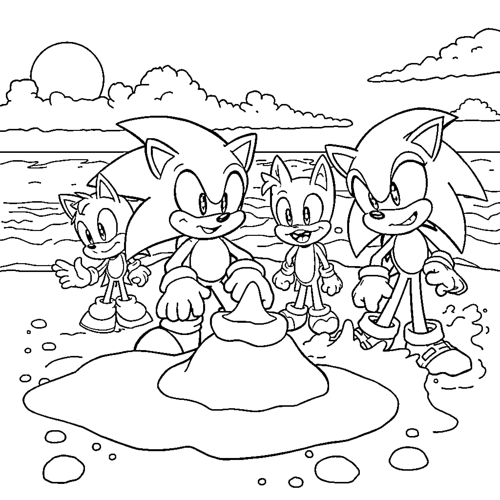 Sonic and friends enjoying a beach adventure Coloring Page (free black-and-white line drawing printable PDF for all, from beginners to advanced learners, including children, teens, adults, and seniors)