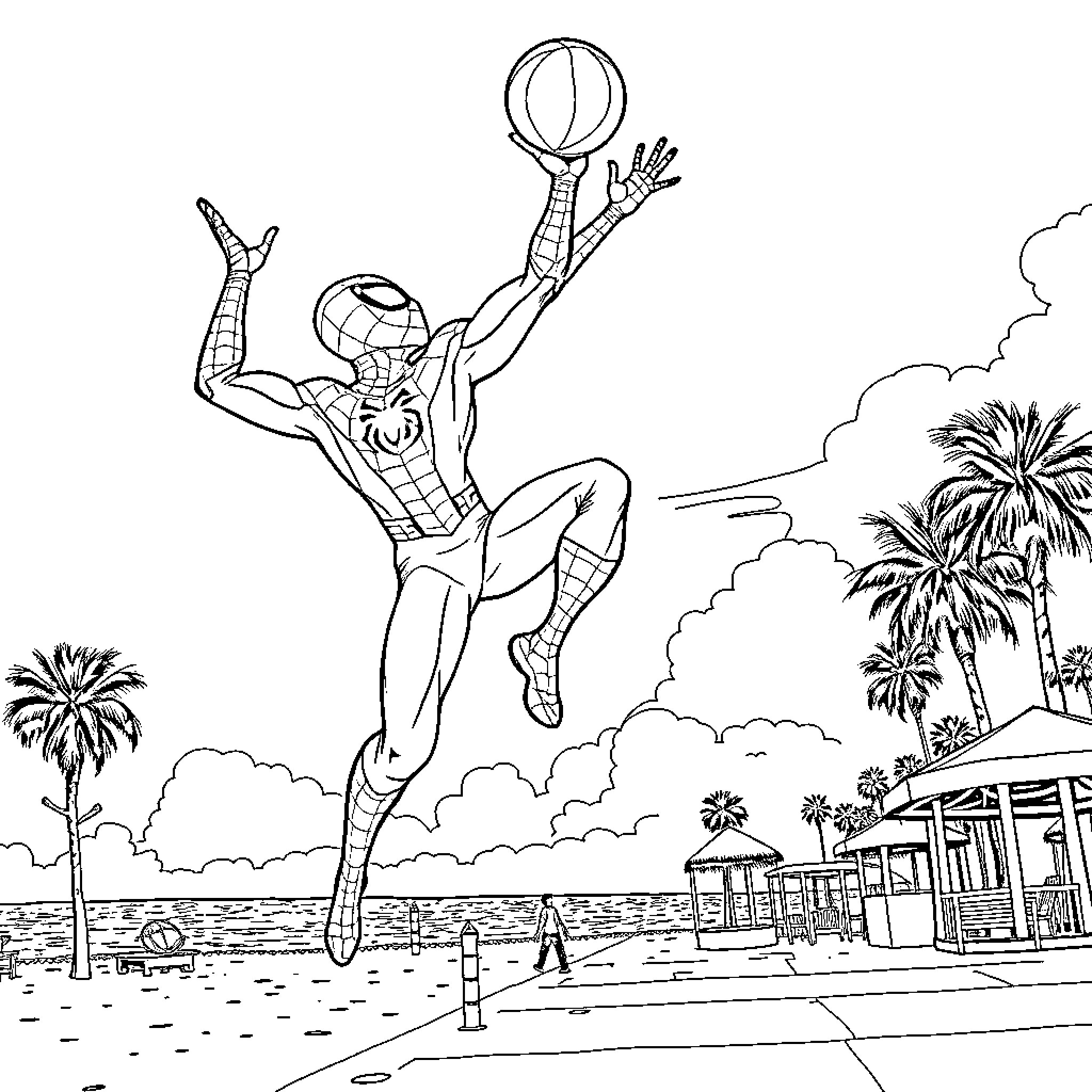 Spiderman swinging joyfully through the city Coloring Page (free black-and-white line drawing printable PDF for all, from beginners to advanced learners, including children, teens, adults, and seniors)