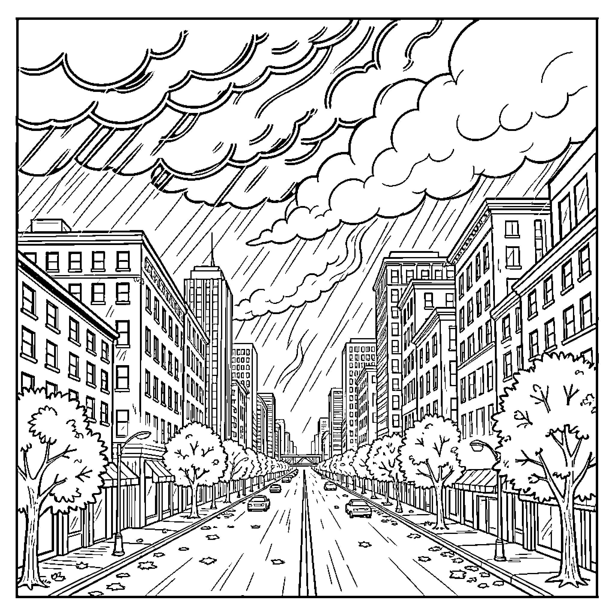 Chicago cityscape during a dramatic storm Coloring Page (free black-and-white line drawing printable PDF for all, from beginners to advanced learners, including children, teens, adults, and seniors)