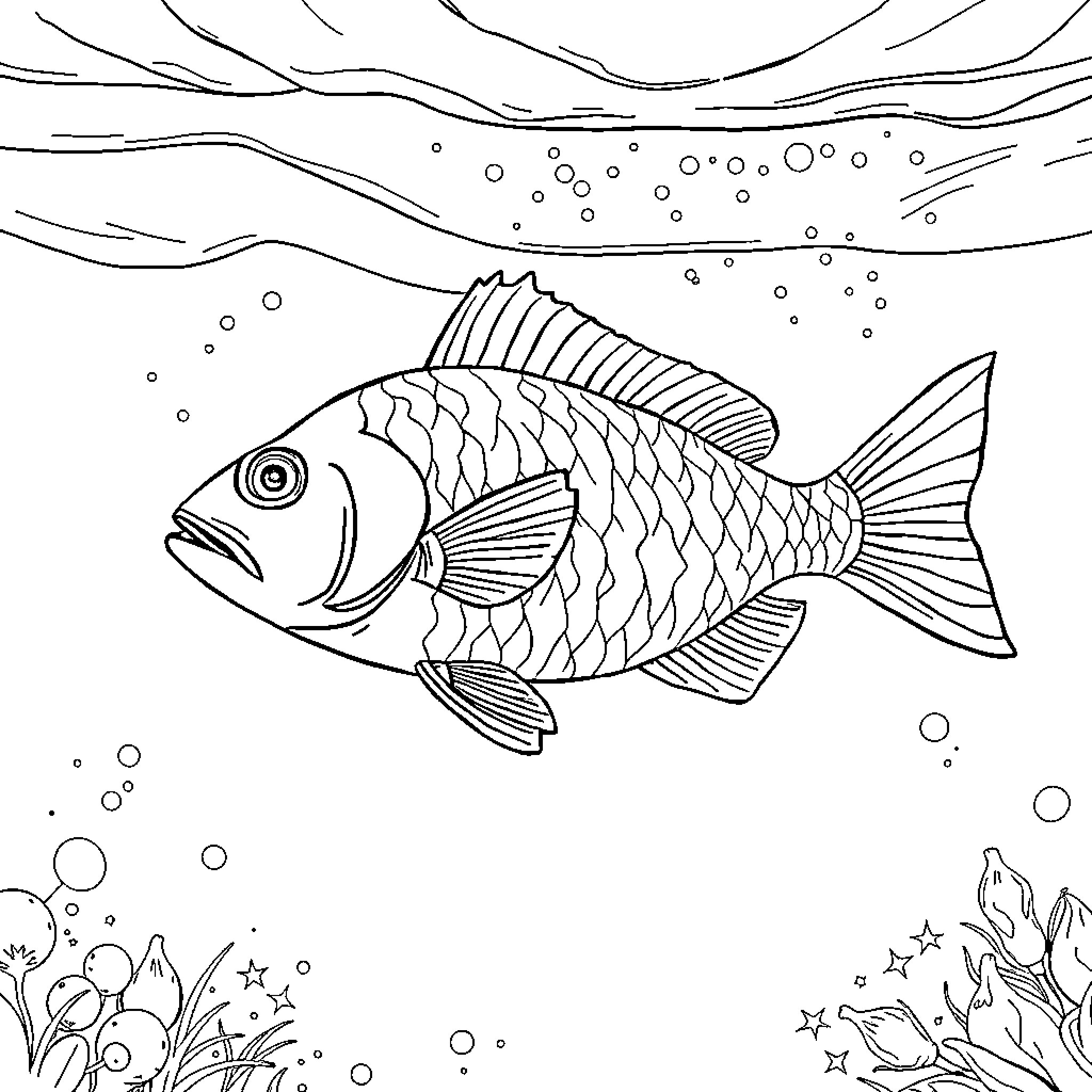 Fish swimming in underwater scene Coloring Page (free black-and-white line drawing printable PDF for all, from beginners to advanced learners, including children, teens, adults, and seniors)