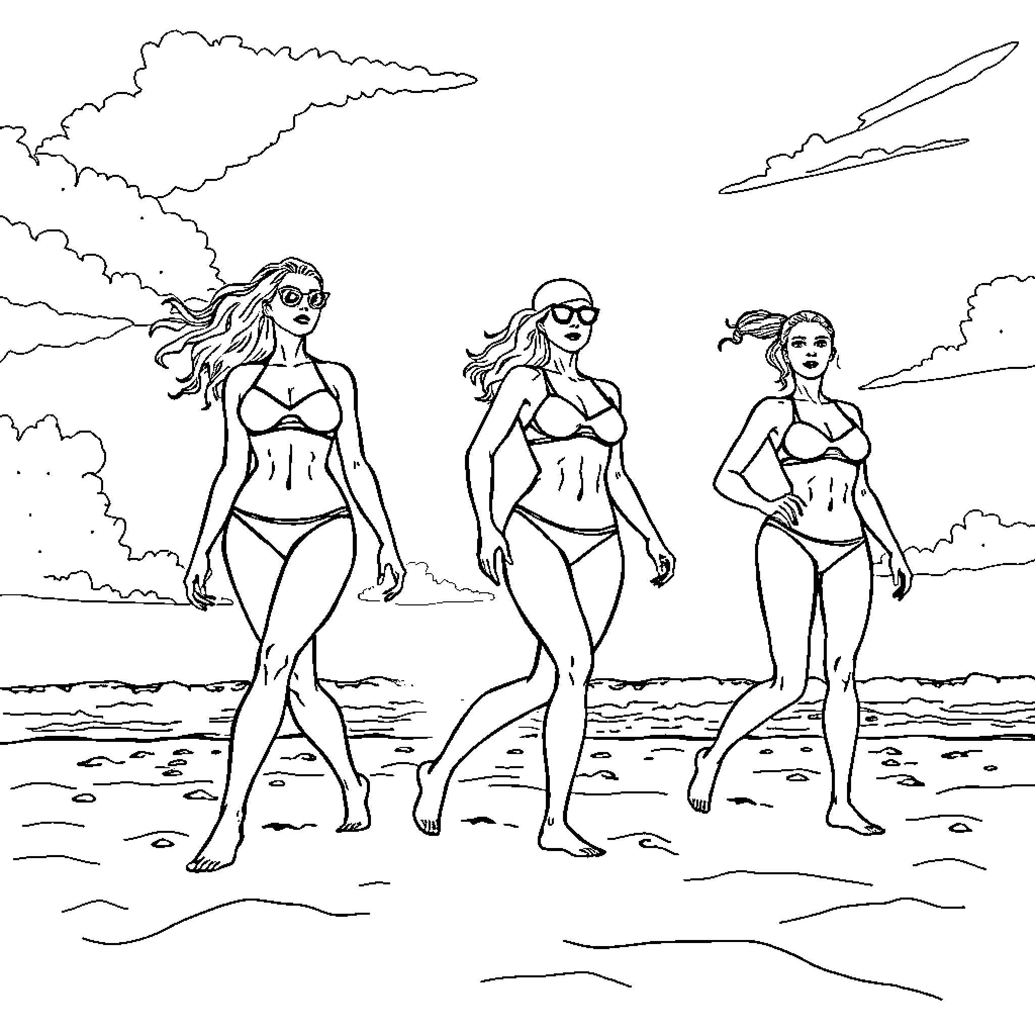 Women walking along the beach in bikinis Coloring Page (free black-and-white line drawing printable PDF for all, from beginners to advanced learners, including children, teens, adults, and seniors)