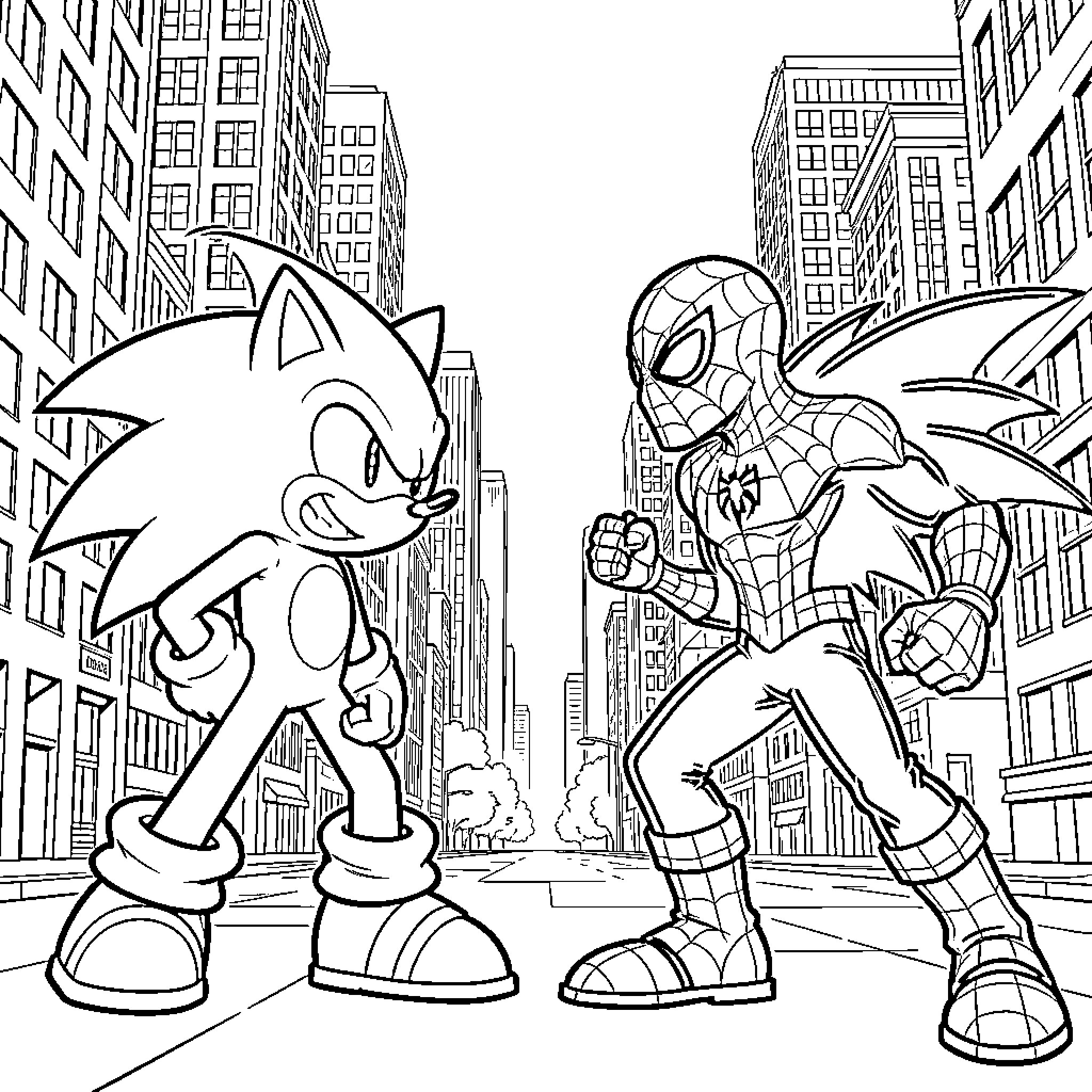 Sonic facing off against Spider-Man in the city Coloring Page (free black-and-white line drawing printable PDF for all, from beginners to advanced learners, including children, teens, adults, and seniors)