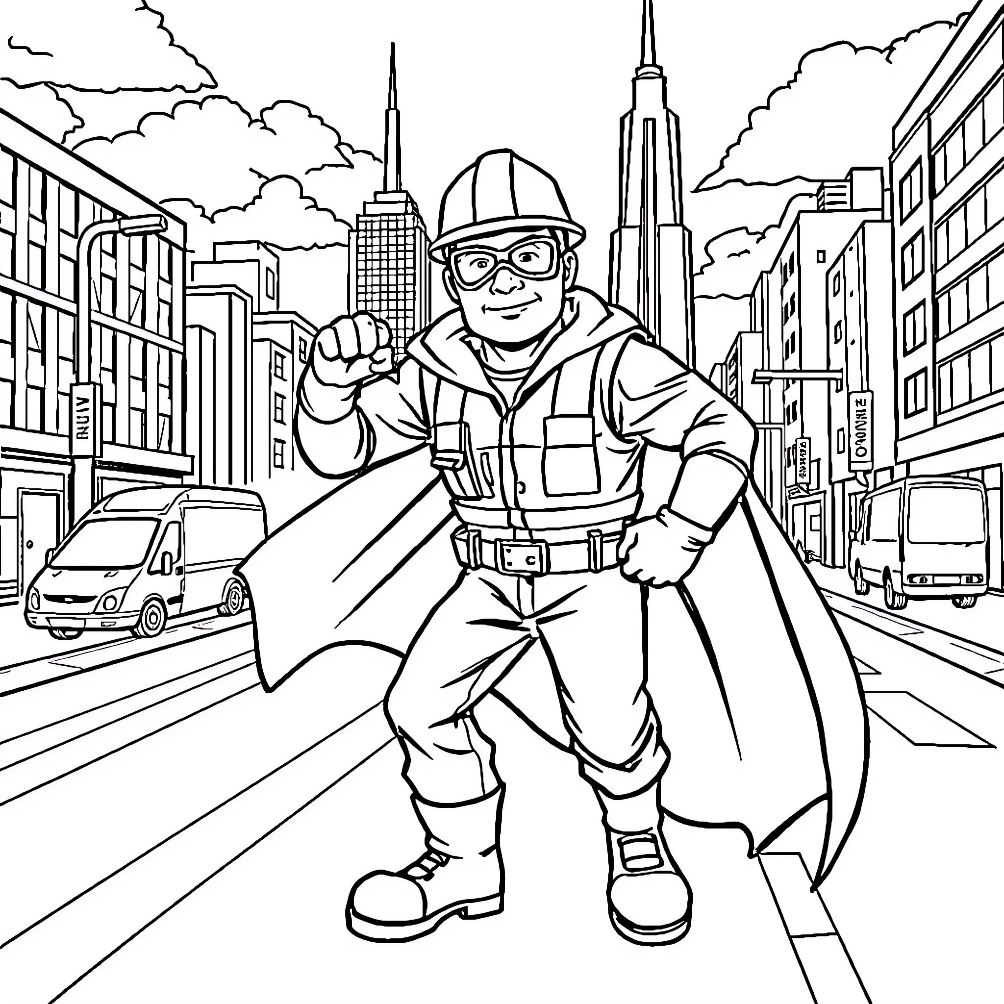 Superhero Construction Worker Saving the City Coloring Page (free black-and-white line drawing printable PDF for all, from beginners to advanced learners, including children, teens, adults, and seniors)