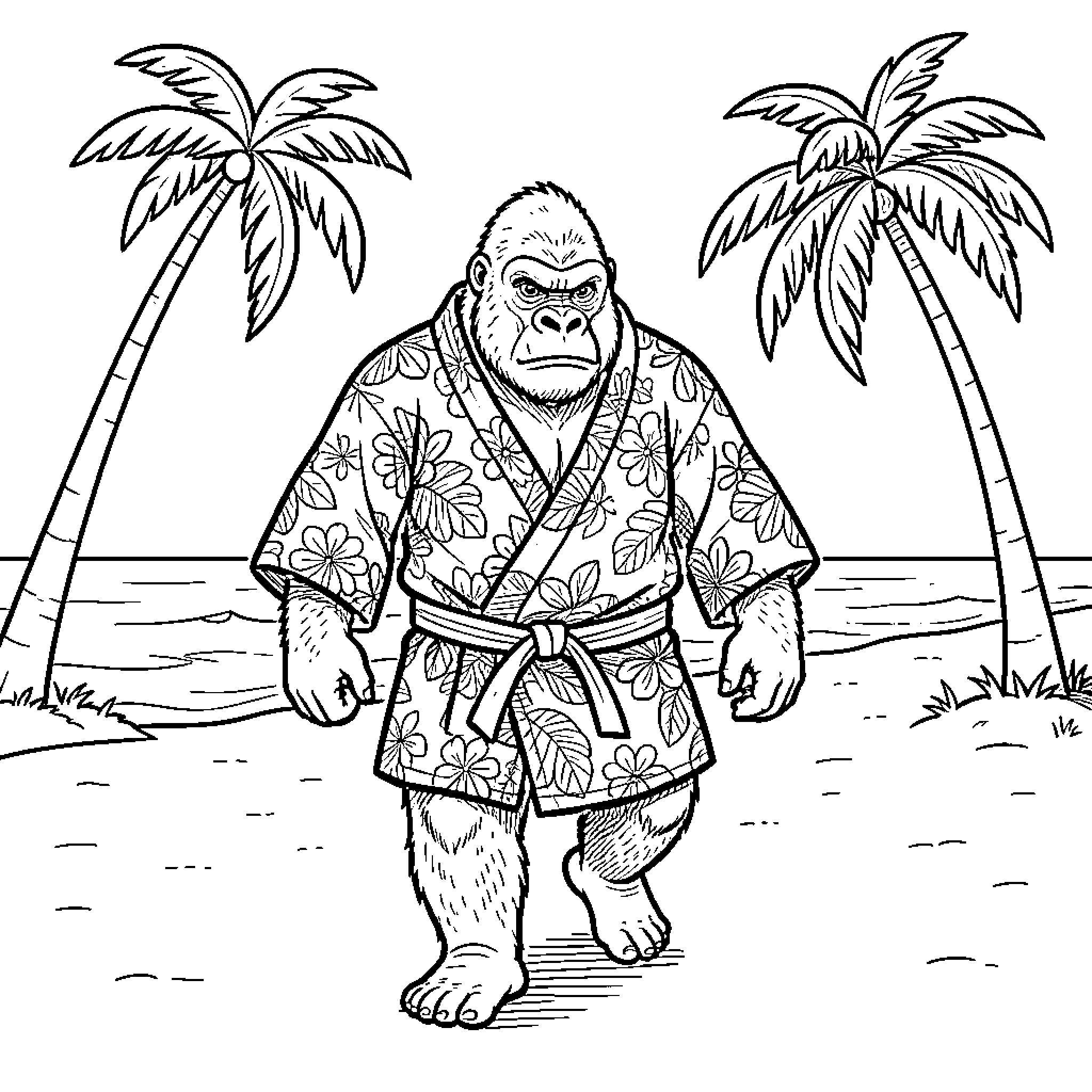 Gorilla wearing floral kimono on tropical beach Coloring Page (free black-and-white line drawing printable PDF for all, from beginners to advanced learners, including children, teens, adults, and seniors)