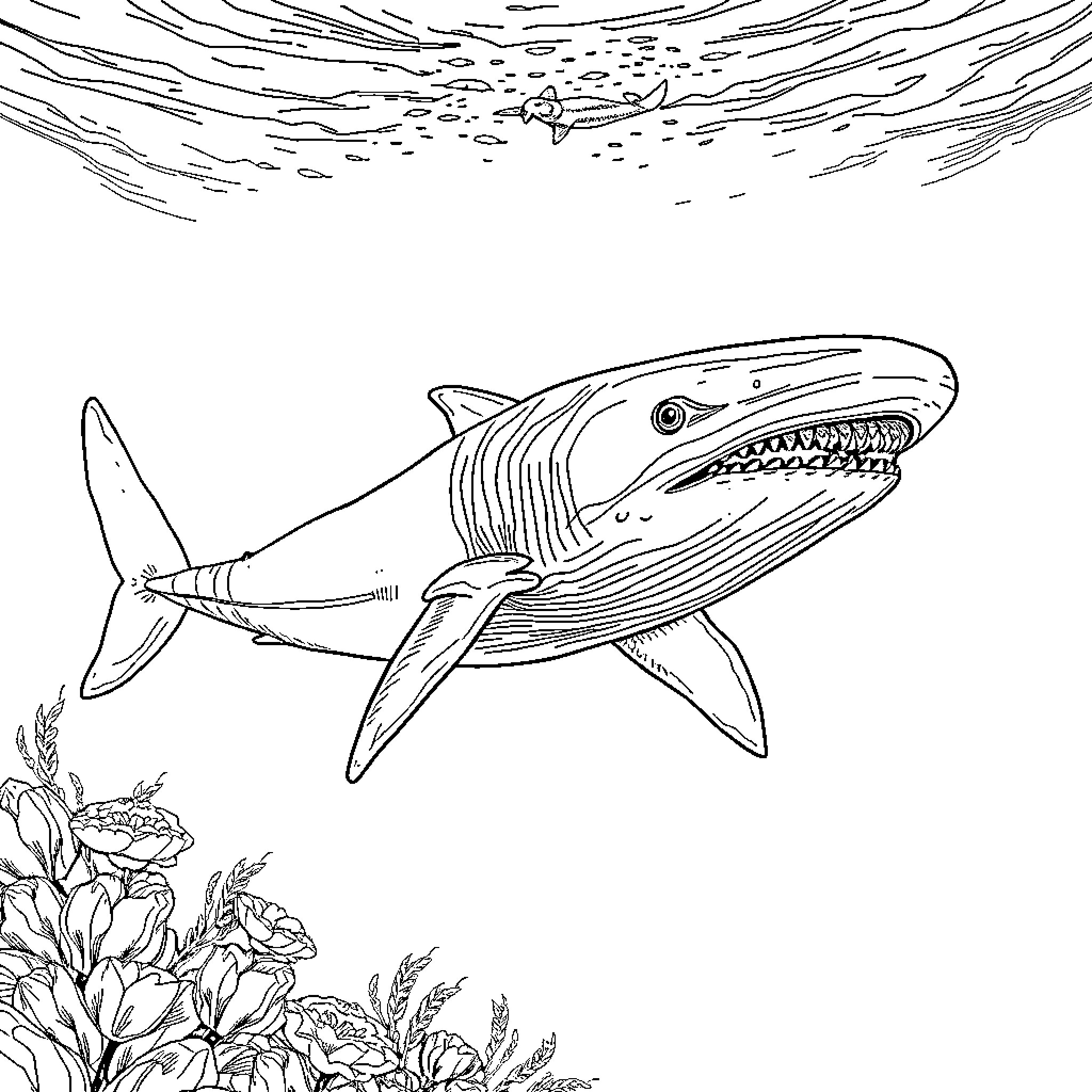 Megalodon hunting underwater scene Coloring Page (free black-and-white line drawing printable PDF for all, from beginners to advanced learners, including children, teens, adults, and seniors)