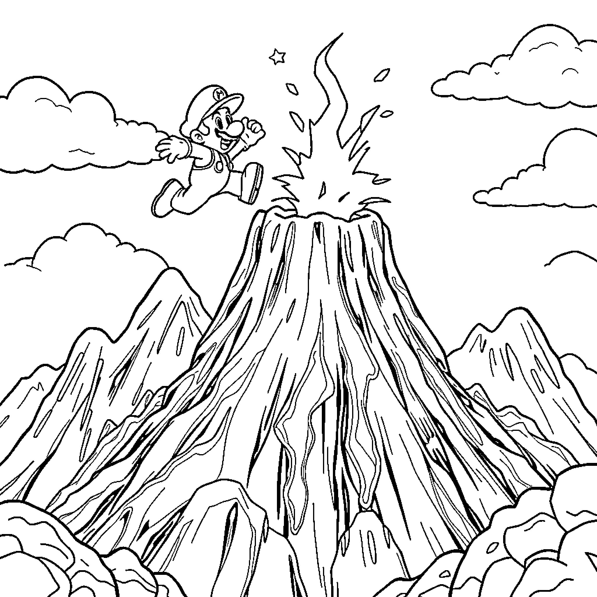 Mario leaping over a volcanic eruption in the mountains Coloring Page (free black-and-white line drawing printable PDF for all, from beginners to advanced learners, including children, teens, adults, and seniors)