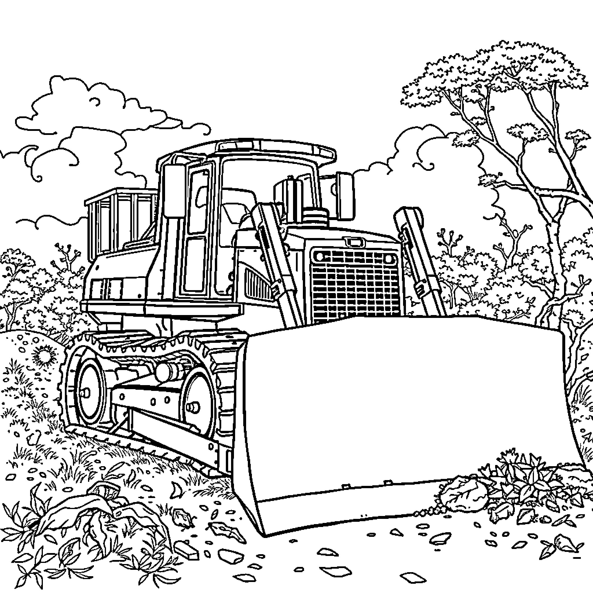 Bulldozer clearing the way through forest landscape Coloring Page (free black-and-white line drawing printable PDF for all, from beginners to advanced learners, including children, teens, adults, and seniors)