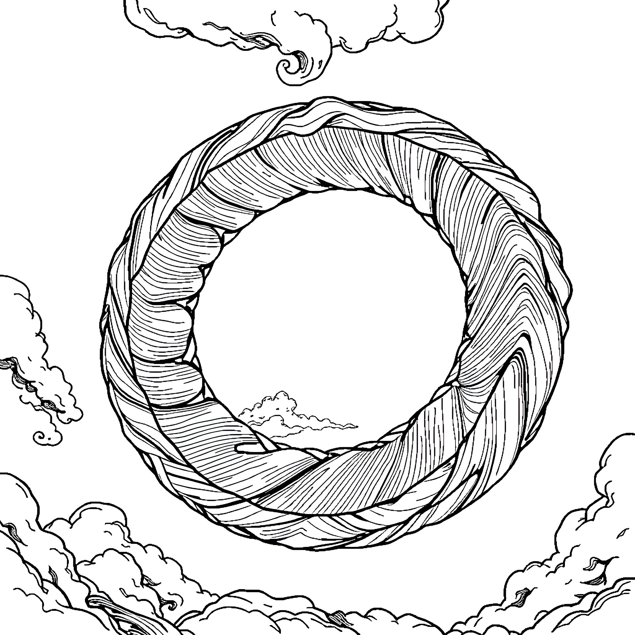 Spiral of flowing waves and swirling clouds Coloring Page (free black-and-white line drawing printable PDF for all, from beginners to advanced learners, including children, teens, adults, and seniors)