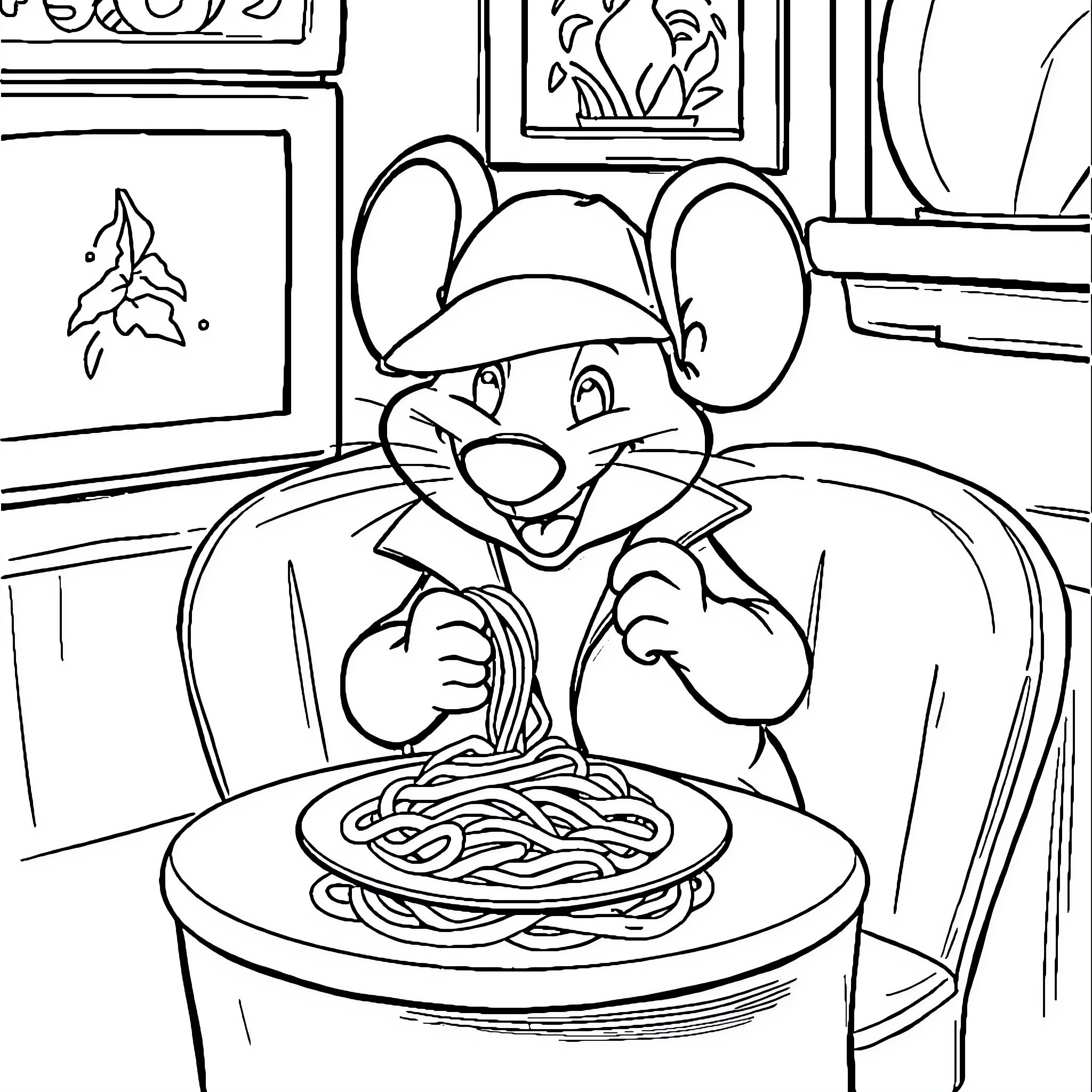 Basil the mouse enjoys a bowl of spaghetti Coloring Page (free black-and-white line drawing printable PDF for all, from beginners to advanced learners, including children, teens, adults, and seniors)