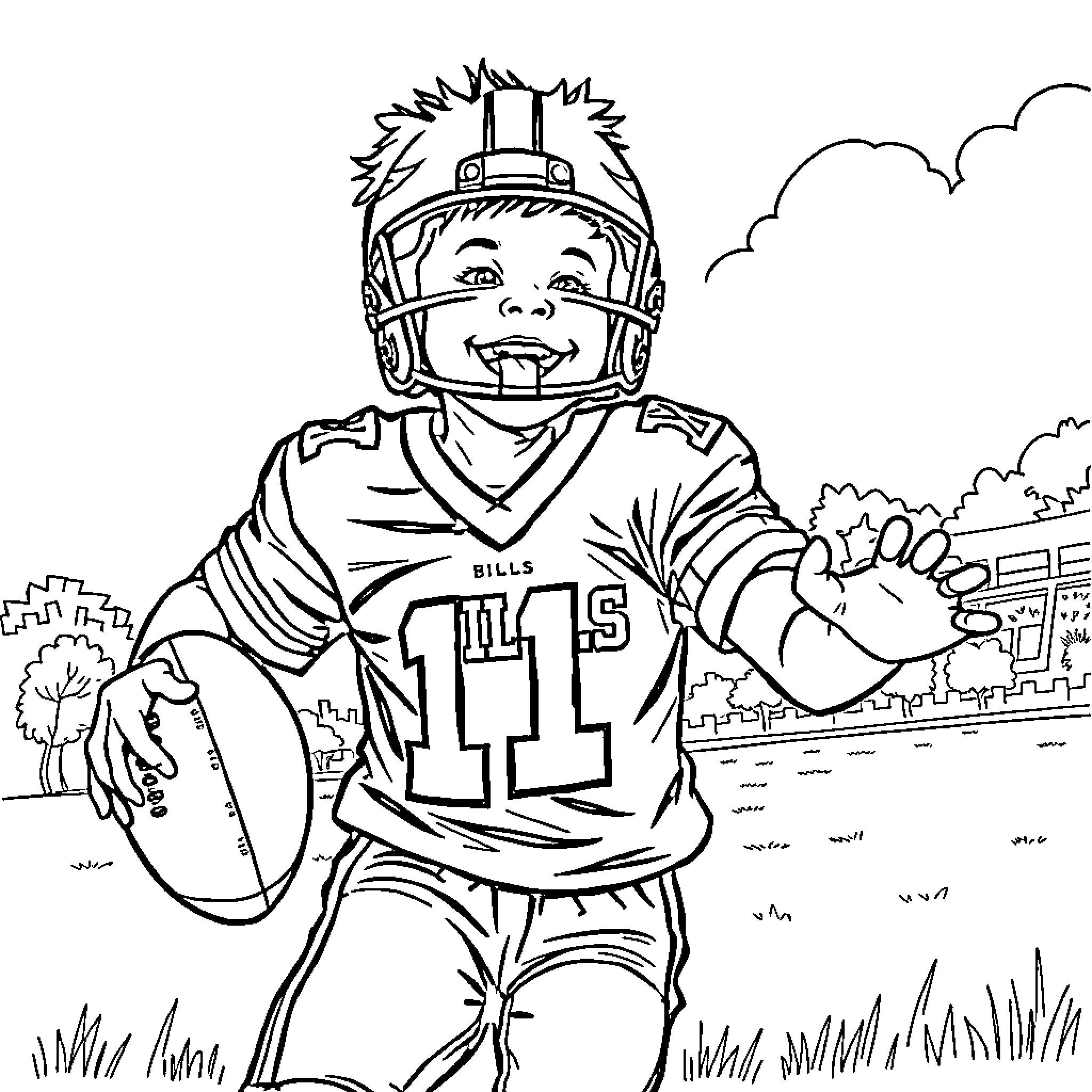 Son in Sports Uniform Excitedly Playing Football Coloring Page (free black-and-white line drawing printable PDF for all, from beginners to advanced learners, including children, teens, adults, and seniors)