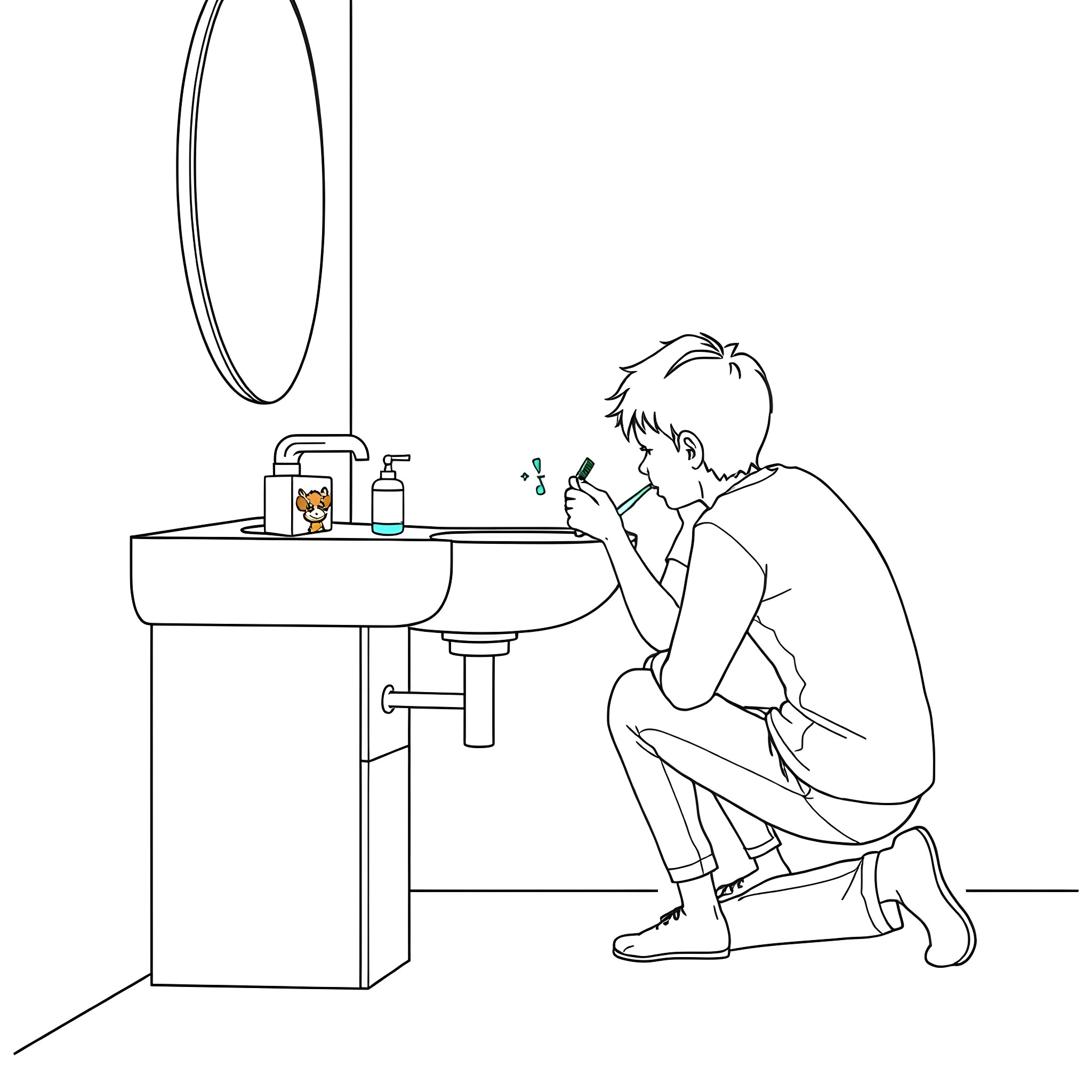 Adult silently reflecting in the bathroom Coloring Page (free black-and-white line drawing printable PDF for all, from beginners to advanced learners, including children, teens, adults, and seniors)