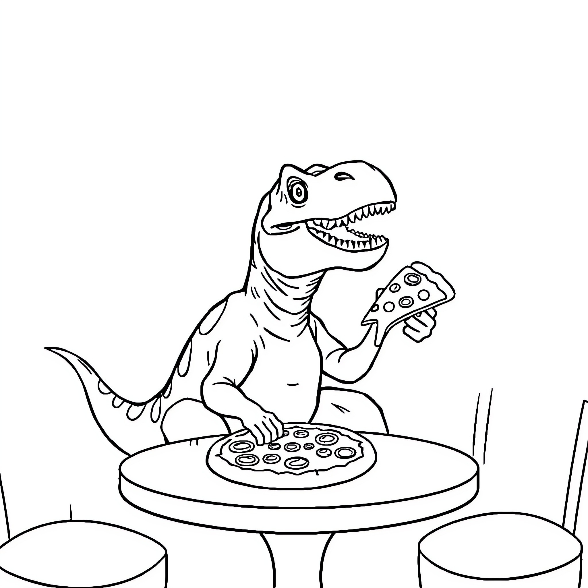 Dinosaur Enjoying Pizza with Friends Coloring Page (free black-and-white line drawing printable PDF for all, from beginners to advanced learners, including children, teens, adults, and seniors)