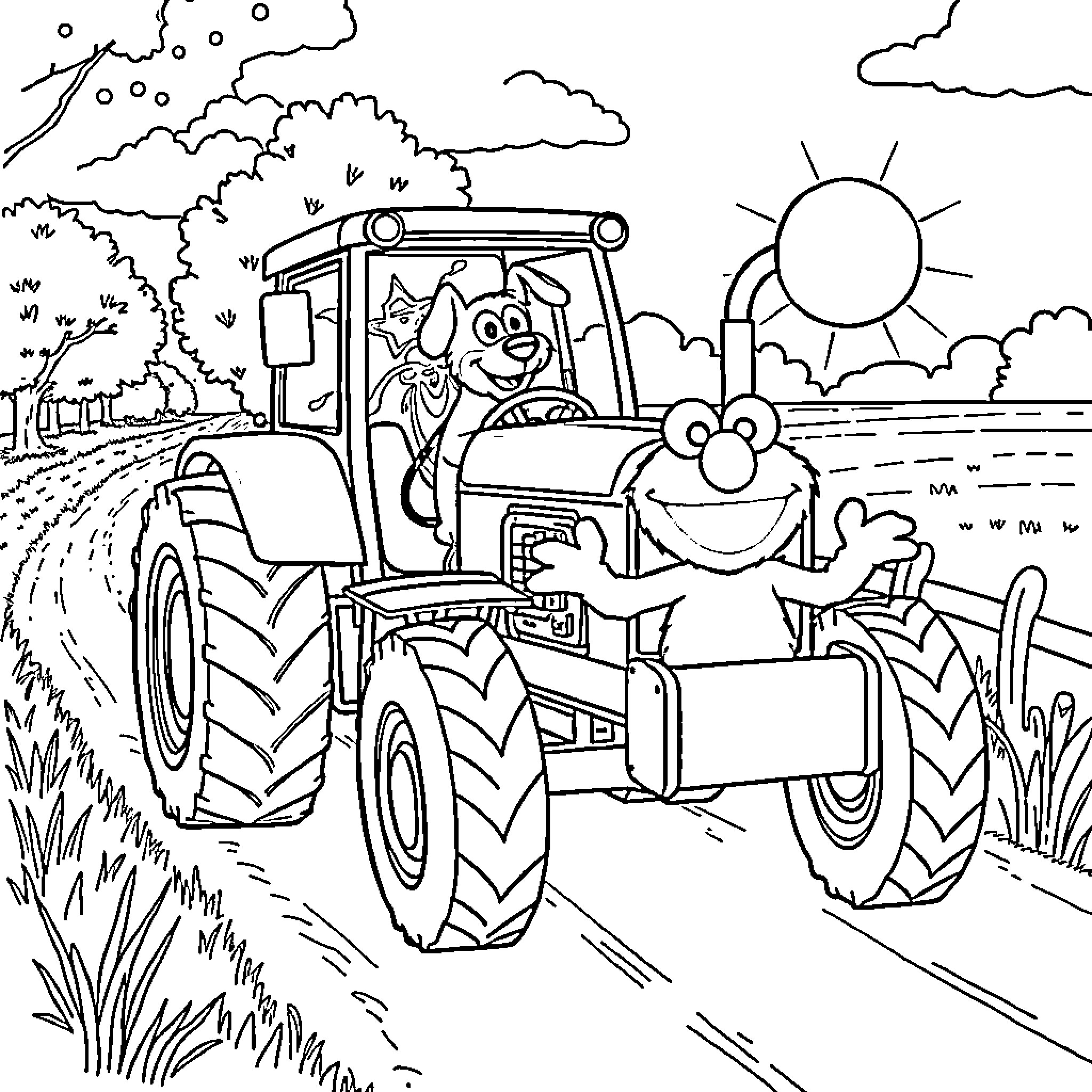 Tractor driver and animal companions explore the countryside Coloring Page (free black-and-white line drawing printable PDF for all, from beginners to advanced learners, including children, teens, adults, and seniors)