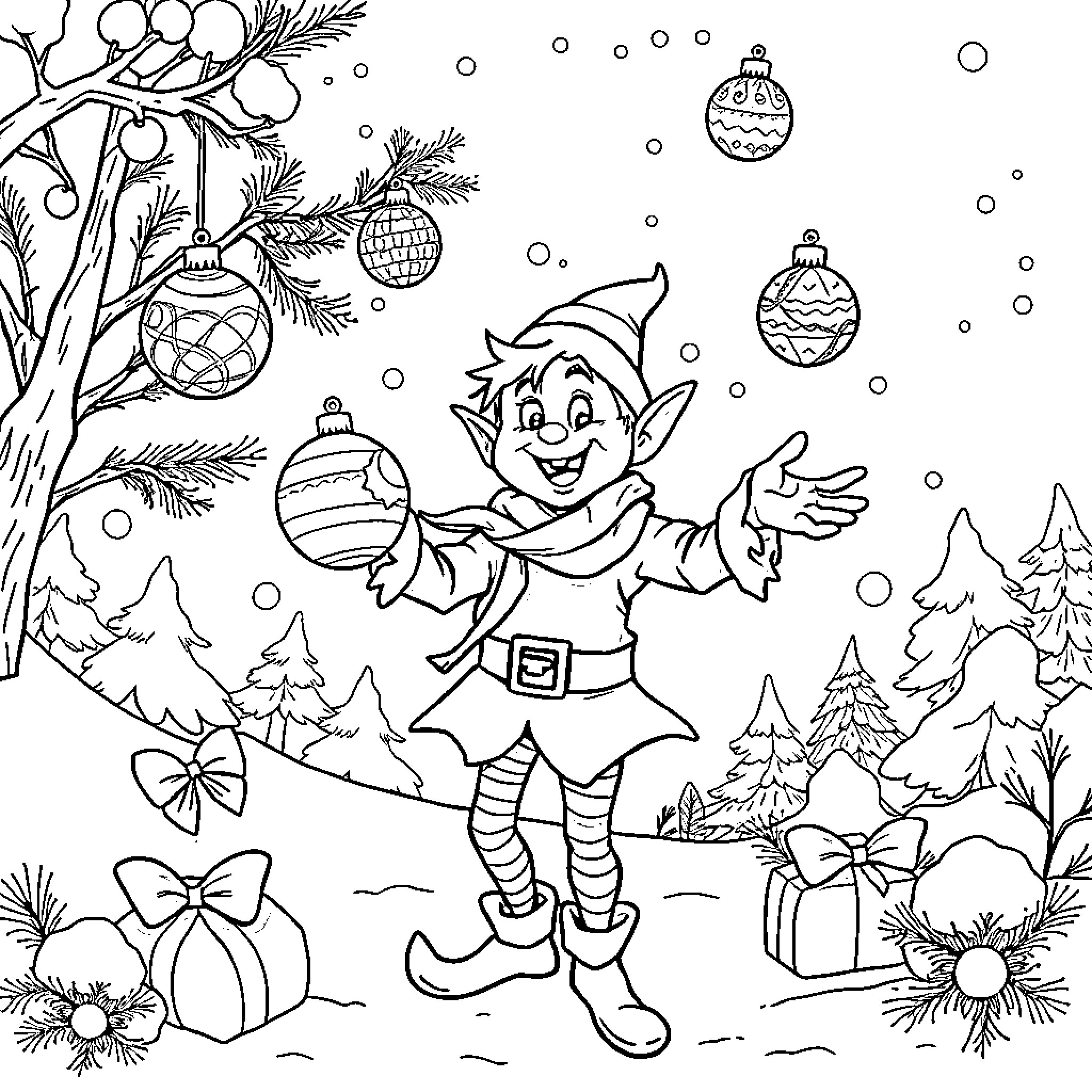 Elf Playing Joyfully in Snowy Winter Wonderland Coloring Page (free black-and-white line drawing printable PDF for all, from beginners to advanced learners, including children, teens, adults, and seniors)