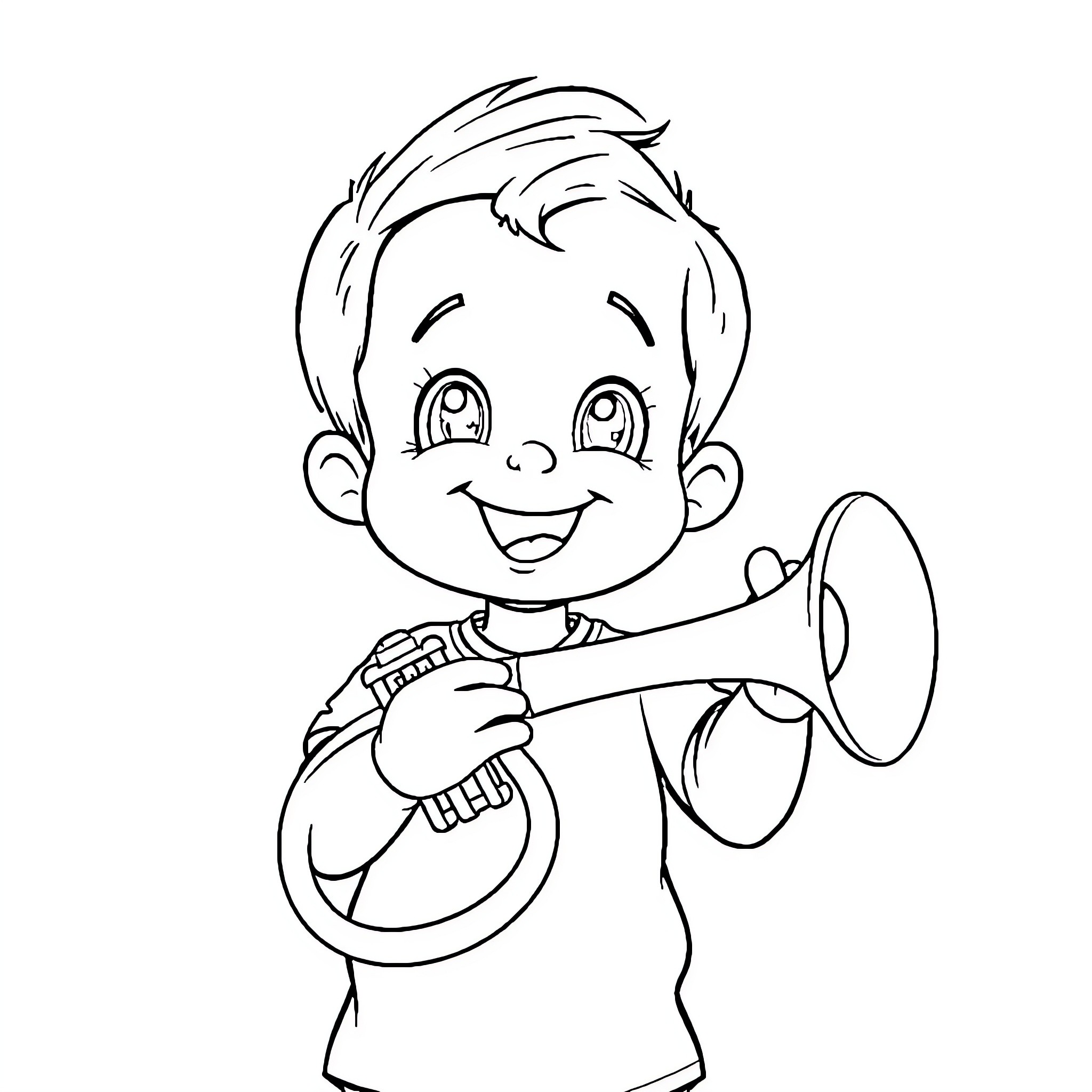 Kid playing with musical instrument happily Coloring Page (free black-and-white line drawing printable PDF for all, from beginners to advanced learners, including children, teens, adults, and seniors)