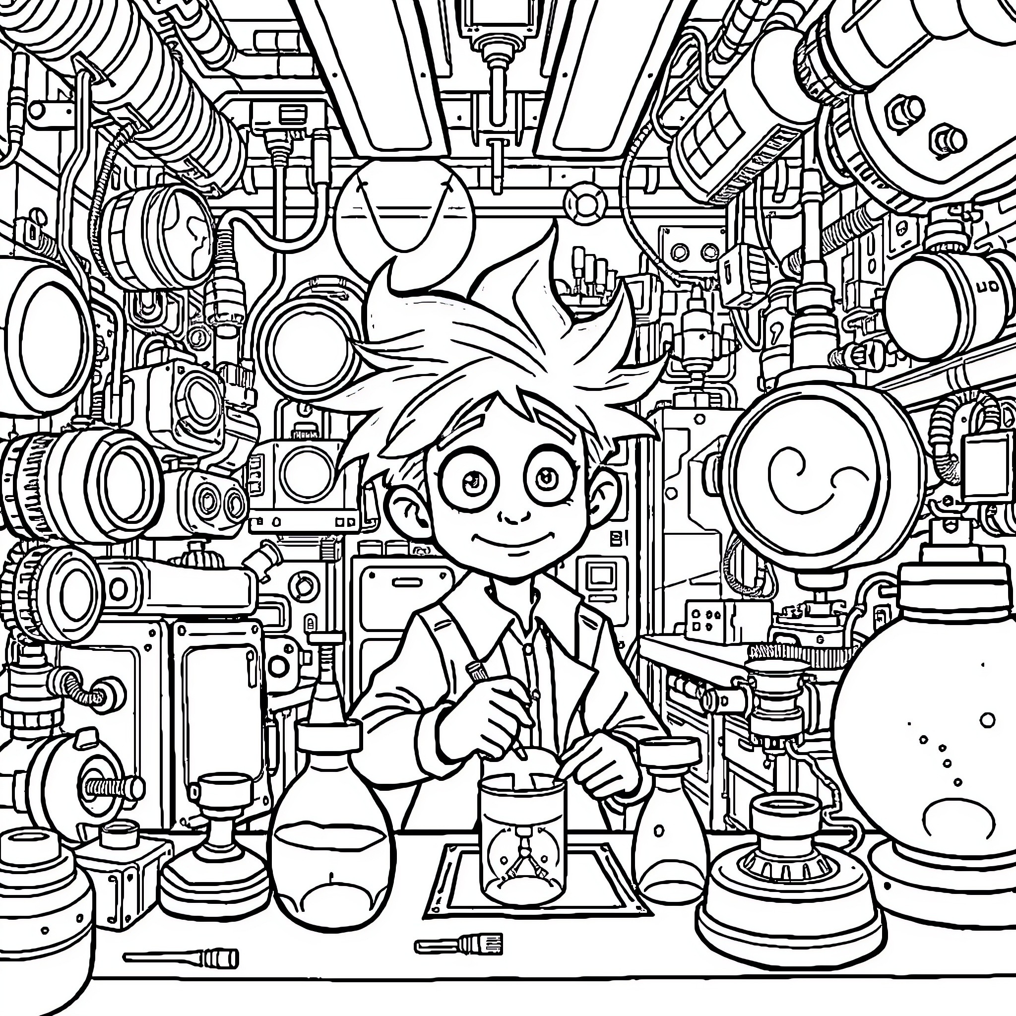 Dexter's Whimsical Laboratory Escapades Coloring Page (free black-and-white line drawing printable PDF for all, from beginners to advanced learners, including children, teens, adults, and seniors)