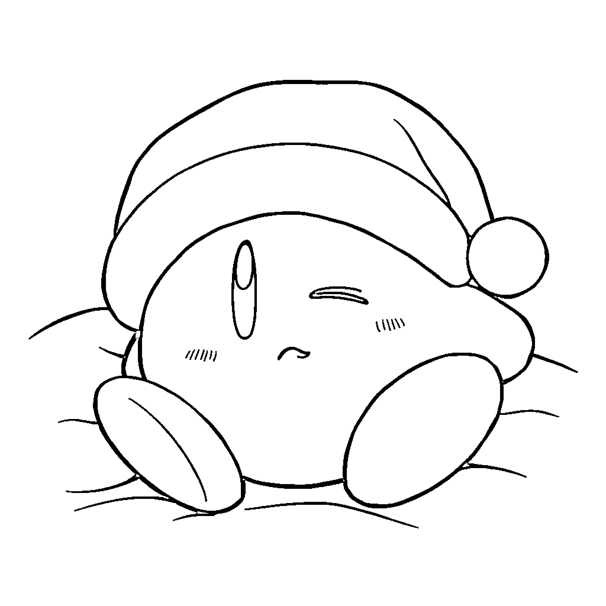 Kirby sleeping peacefully in a winter hat Coloring Page (free black-and-white line drawing printable PDF for all, from beginners to advanced learners, including children, teens, adults, and seniors)