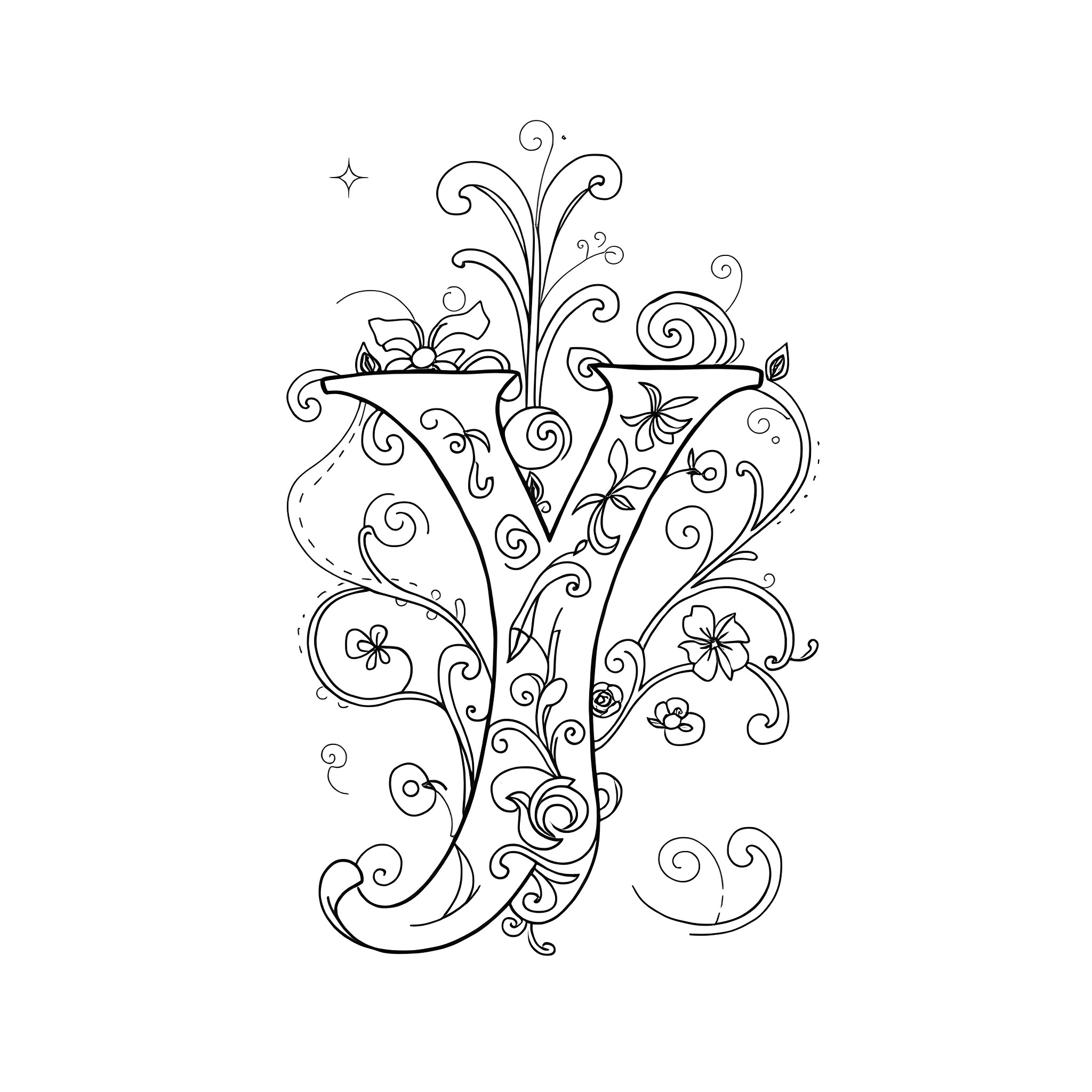 Youthful Floral Flourishes Coloring Page (free black-and-white line drawing printable PDF for all, from beginners to advanced learners, including children, teens, adults, and seniors)