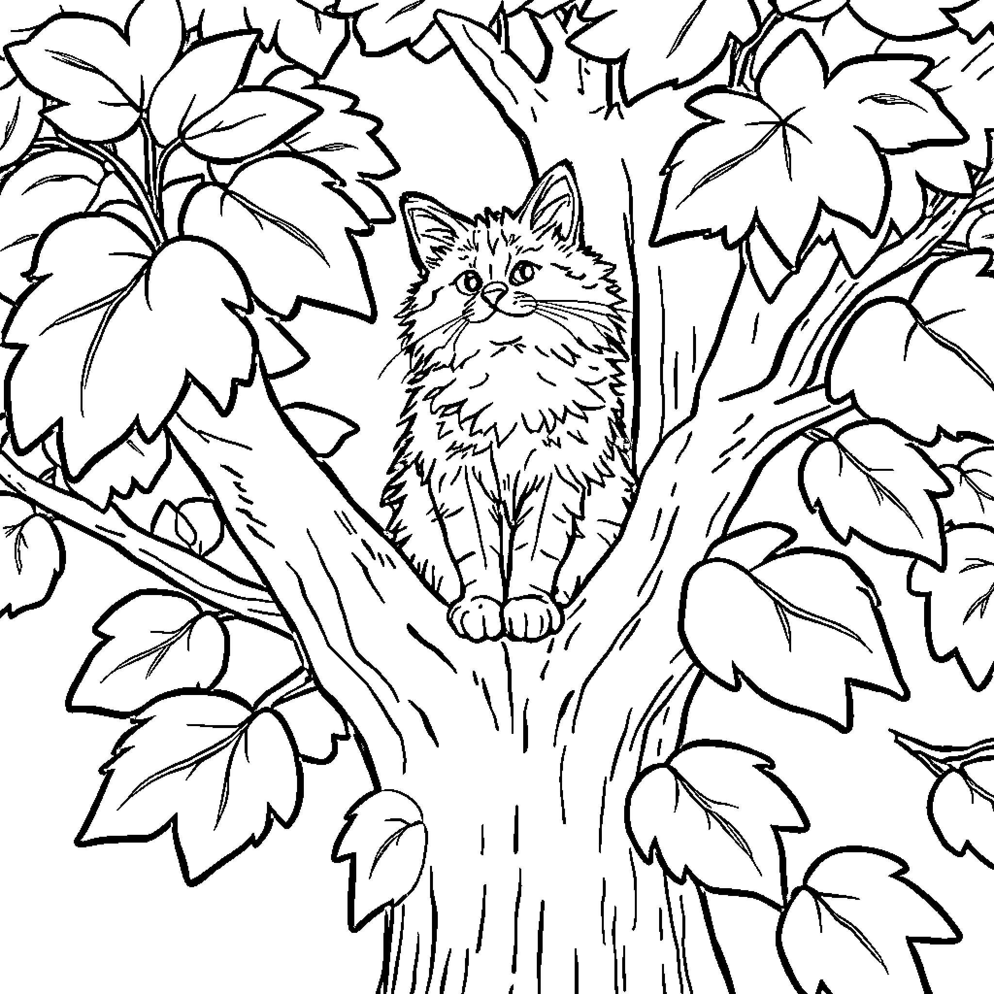 Cat among autumn leaves Coloring Page (free black-and-white line drawing printable PDF for all, from beginners to advanced learners, including children, teens, adults, and seniors)
