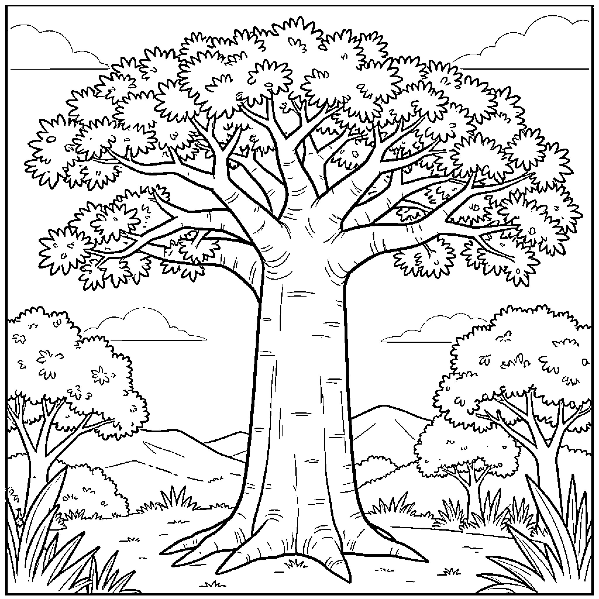 Baobab tree standing tall in a natural landscape Coloring Page (free black-and-white line drawing printable PDF for all, from beginners to advanced learners, including children, teens, adults, and seniors)