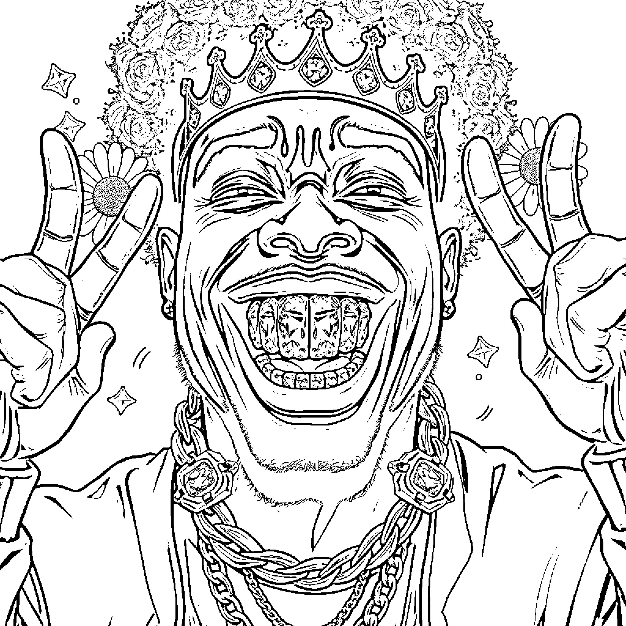 Man in ornate crown with expressive face Coloring Page (free black-and-white line drawing printable PDF for all, from beginners to advanced learners, including children, teens, adults, and seniors)