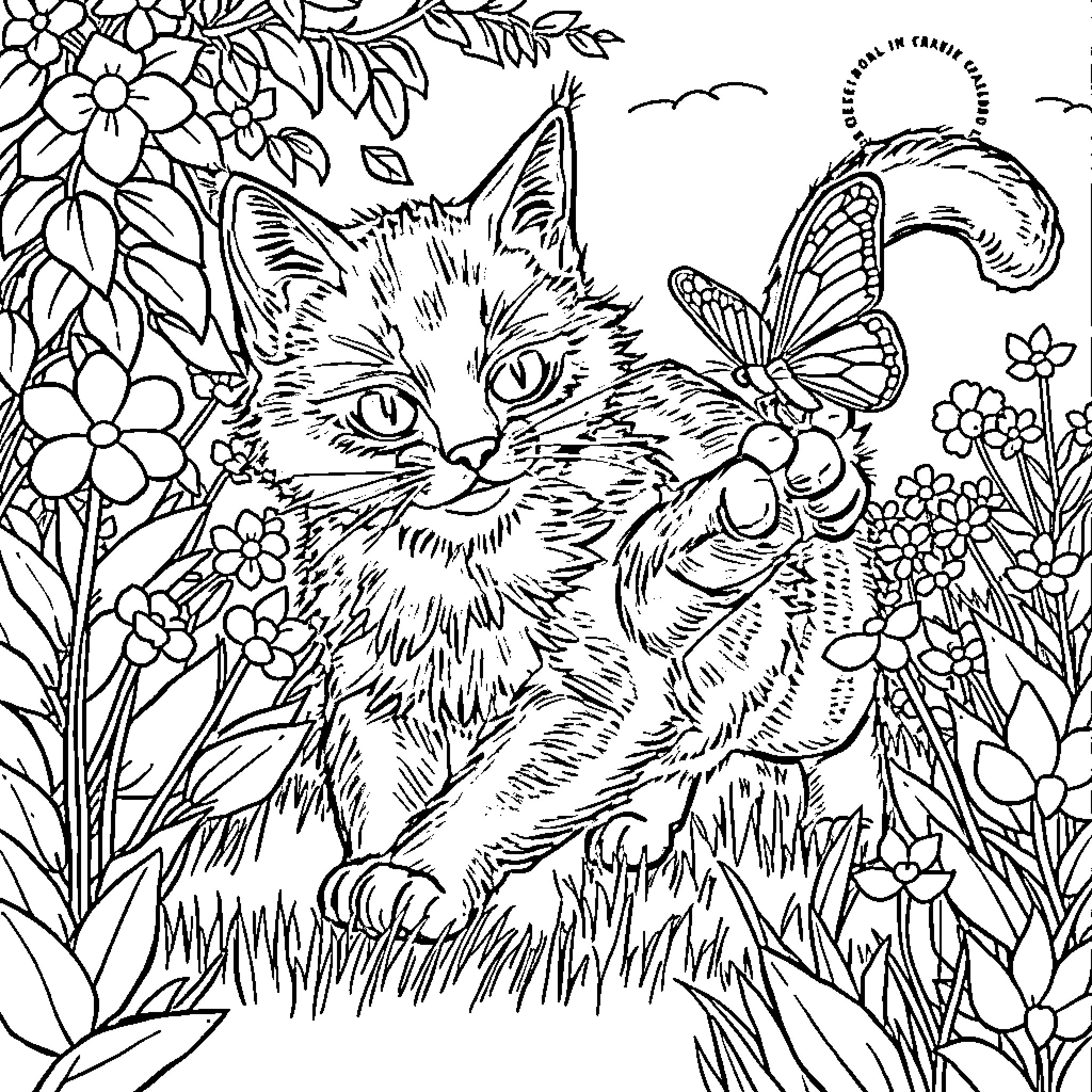 Cat exploring nature's beauty with butterflies Coloring Page (free black-and-white line drawing printable PDF for all, from beginners to advanced learners, including children, teens, adults, and seniors)