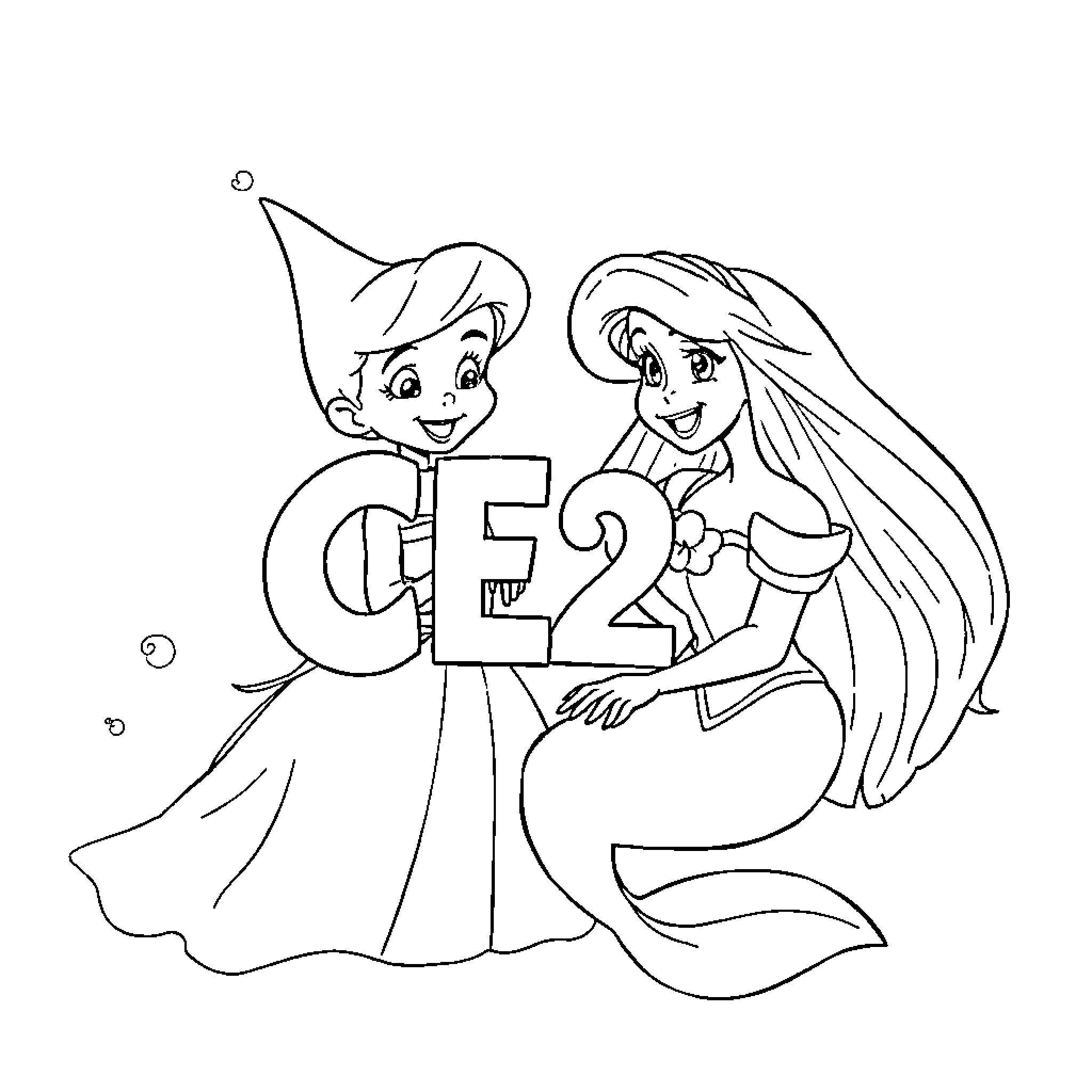 Disney Princess Celebrates CE2 with Cheerful Mermaid Coloring Page (free black-and-white line drawing printable PDF for all, from beginners to advanced learners, including children, teens, adults, and seniors)