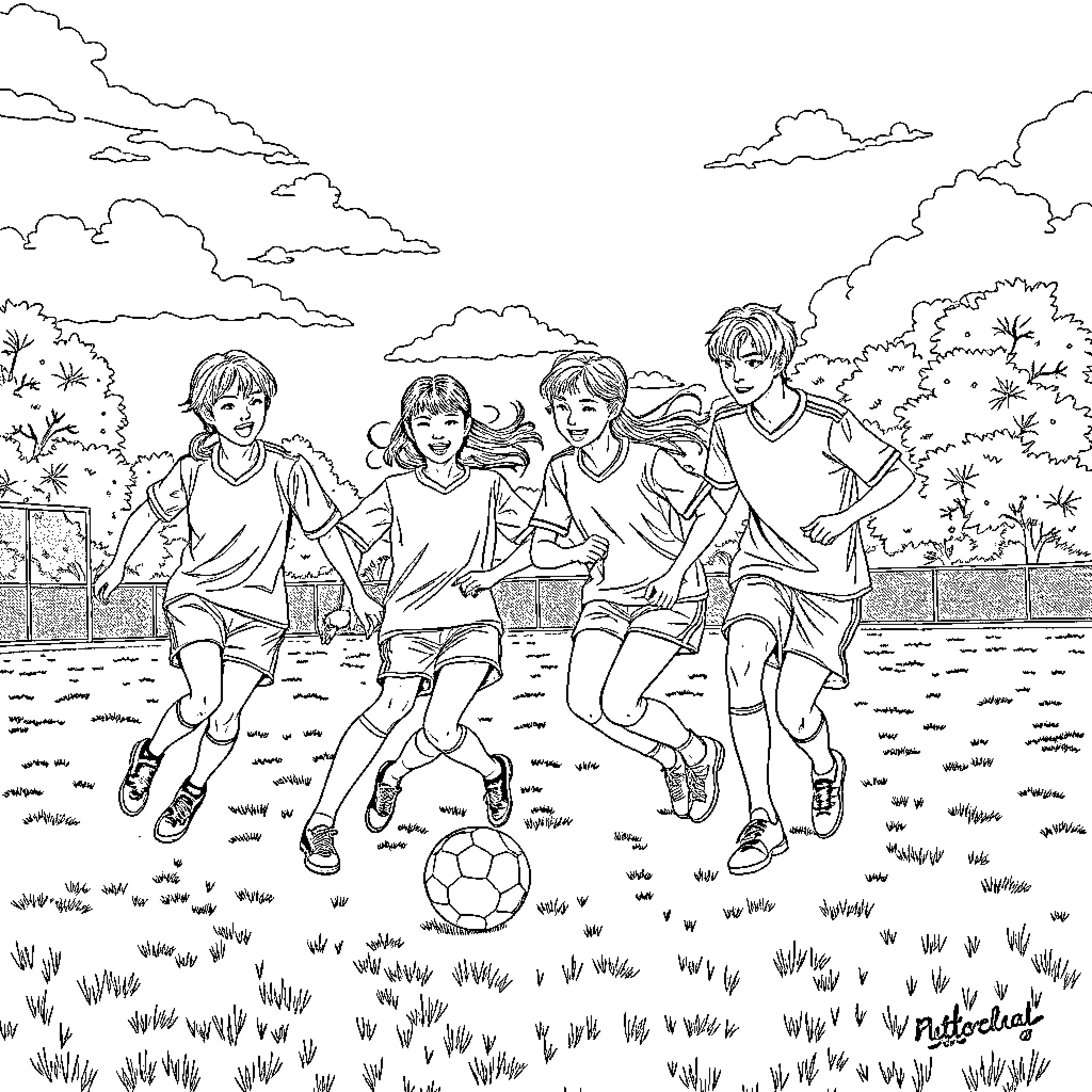 Kpop Group Engaging in Friendly Soccer Match Coloring Page (free black-and-white line drawing printable PDF for all, from beginners to advanced learners, including children, teens, adults, and seniors)