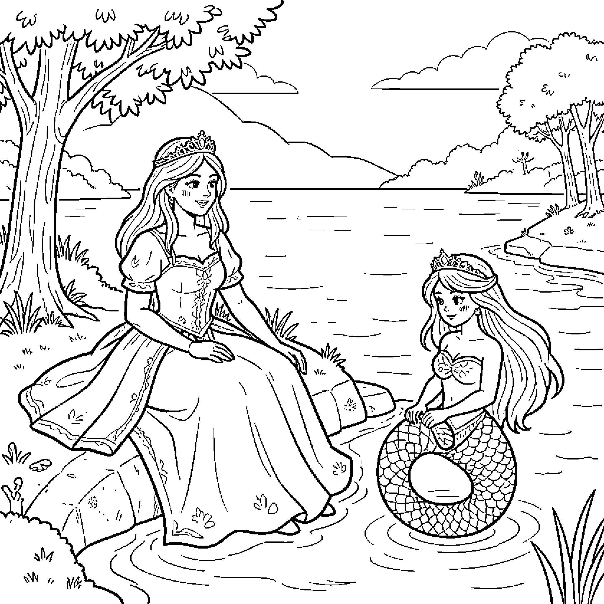 Princess sitting by the lake with a mermaid Coloring Page (free black-and-white line drawing printable PDF for all, from beginners to advanced learners, including children, teens, adults, and seniors)