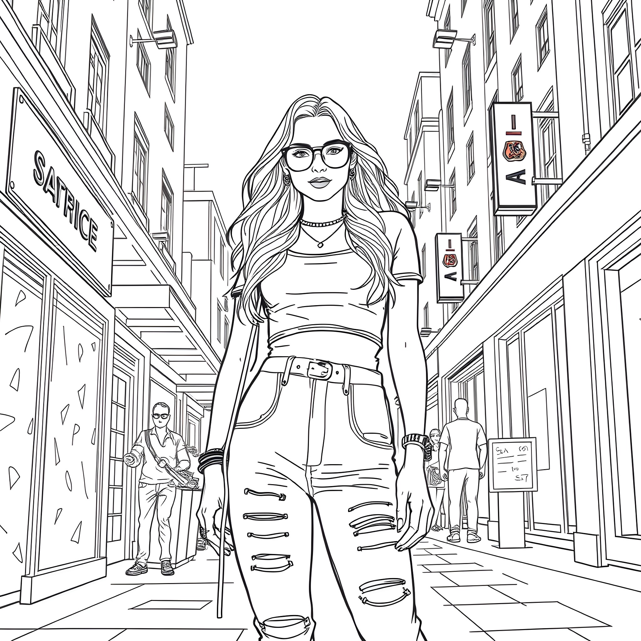 Sabrina Carpenter strolling down the city street Coloring Page (free black-and-white line drawing printable PDF for all, from beginners to advanced learners, including children, teens, adults, and seniors)