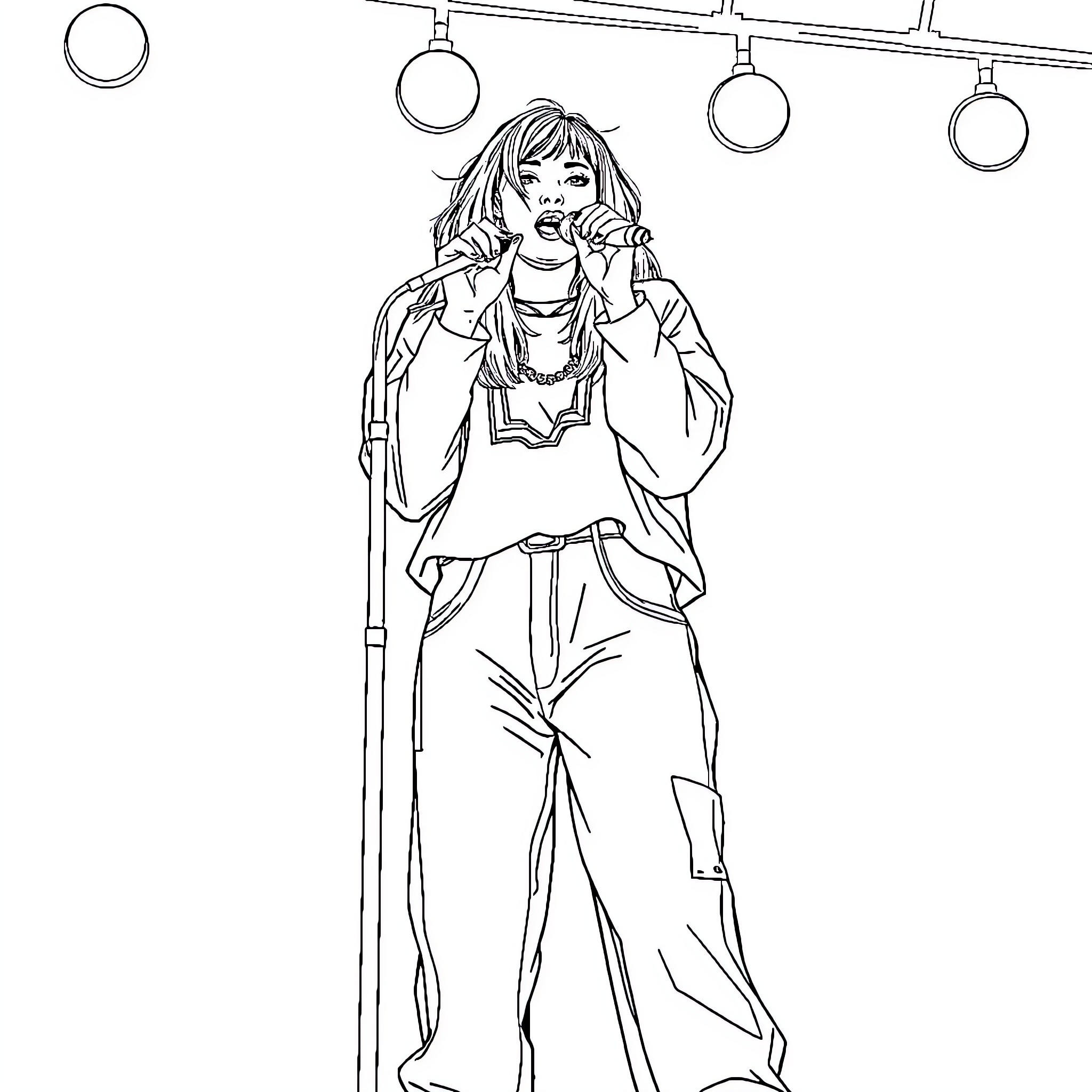Billie Eilish in casual attire with whimsical lighting Coloring Page (free black-and-white line drawing printable PDF for all, from beginners to advanced learners, including children, teens, adults, and seniors)
