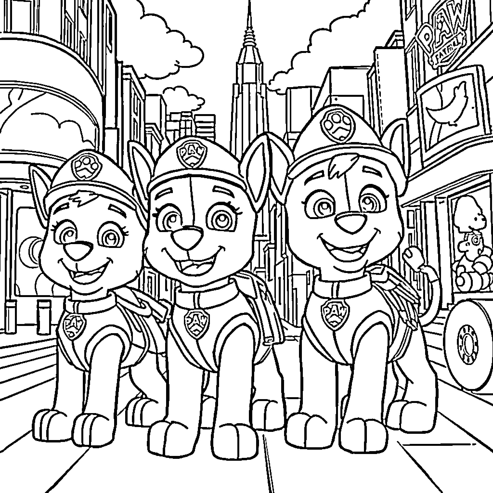 Paw Patrol characters exploring the city together Coloring Page (free black-and-white line drawing printable PDF for all, from beginners to advanced learners, including children, teens, adults, and seniors)