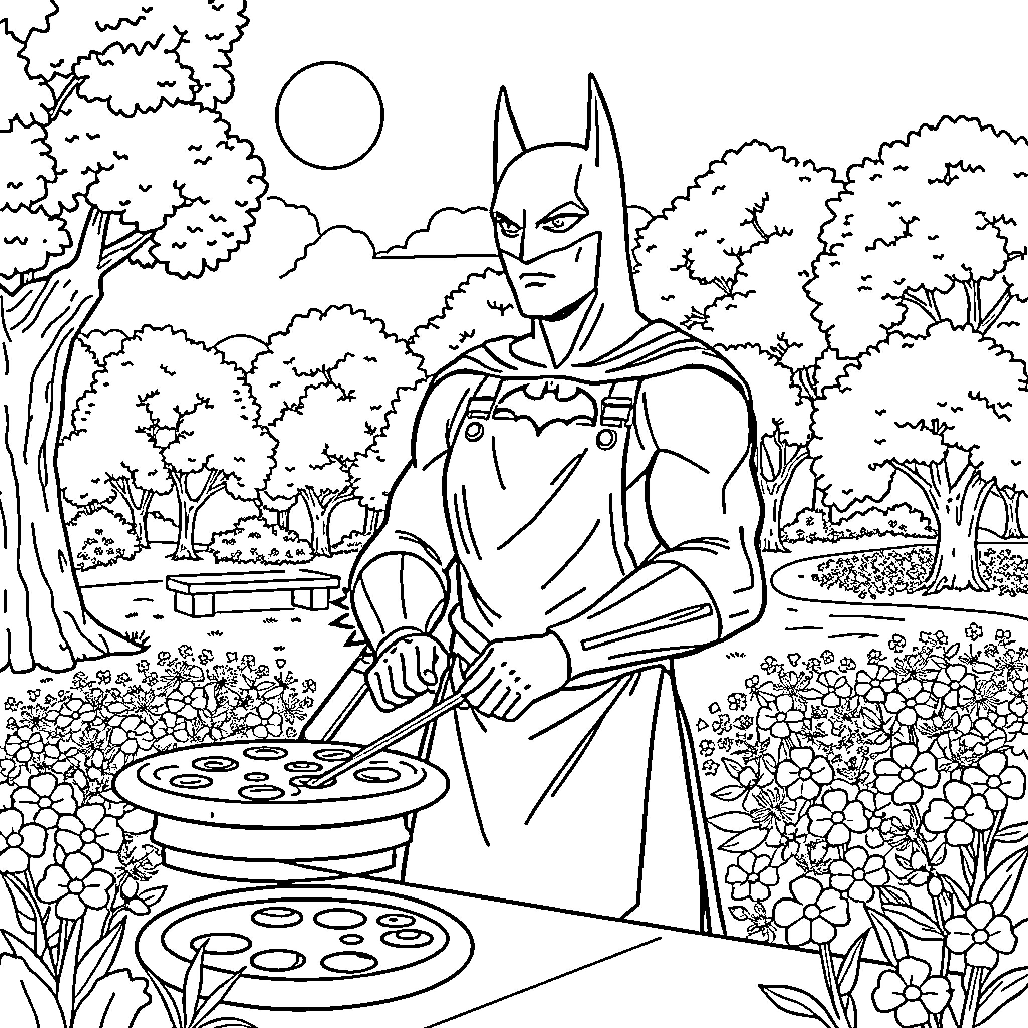 Batman grilling burgers in a garden paradise Coloring Page (free black-and-white line drawing printable PDF for all, from beginners to advanced learners, including children, teens, adults, and seniors)